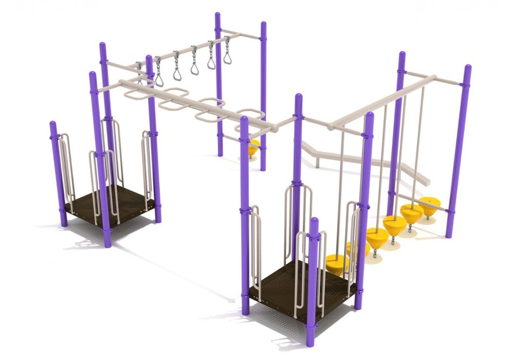 Playground fitness structure with purple posts, two elevated platforms, overhead horizontal snake ladder, rung ladder, pebble bridge, and yellow stepping pods