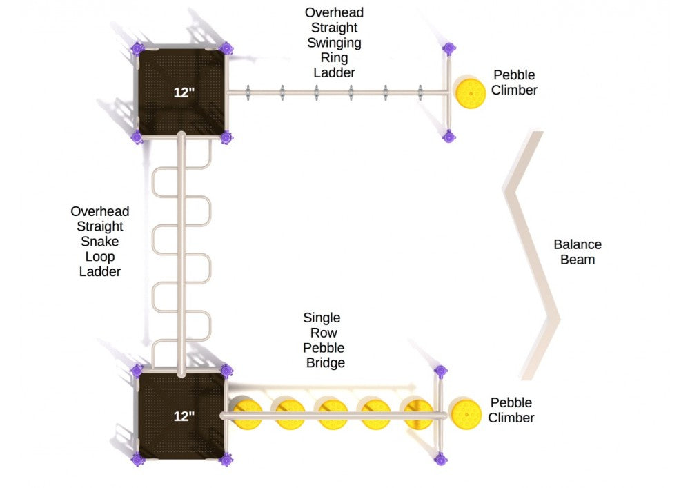 Overhead view of playground fitness course with two elevated platforms, swinging ring ladder, pebble climbers, pebble bridge, and balance beam