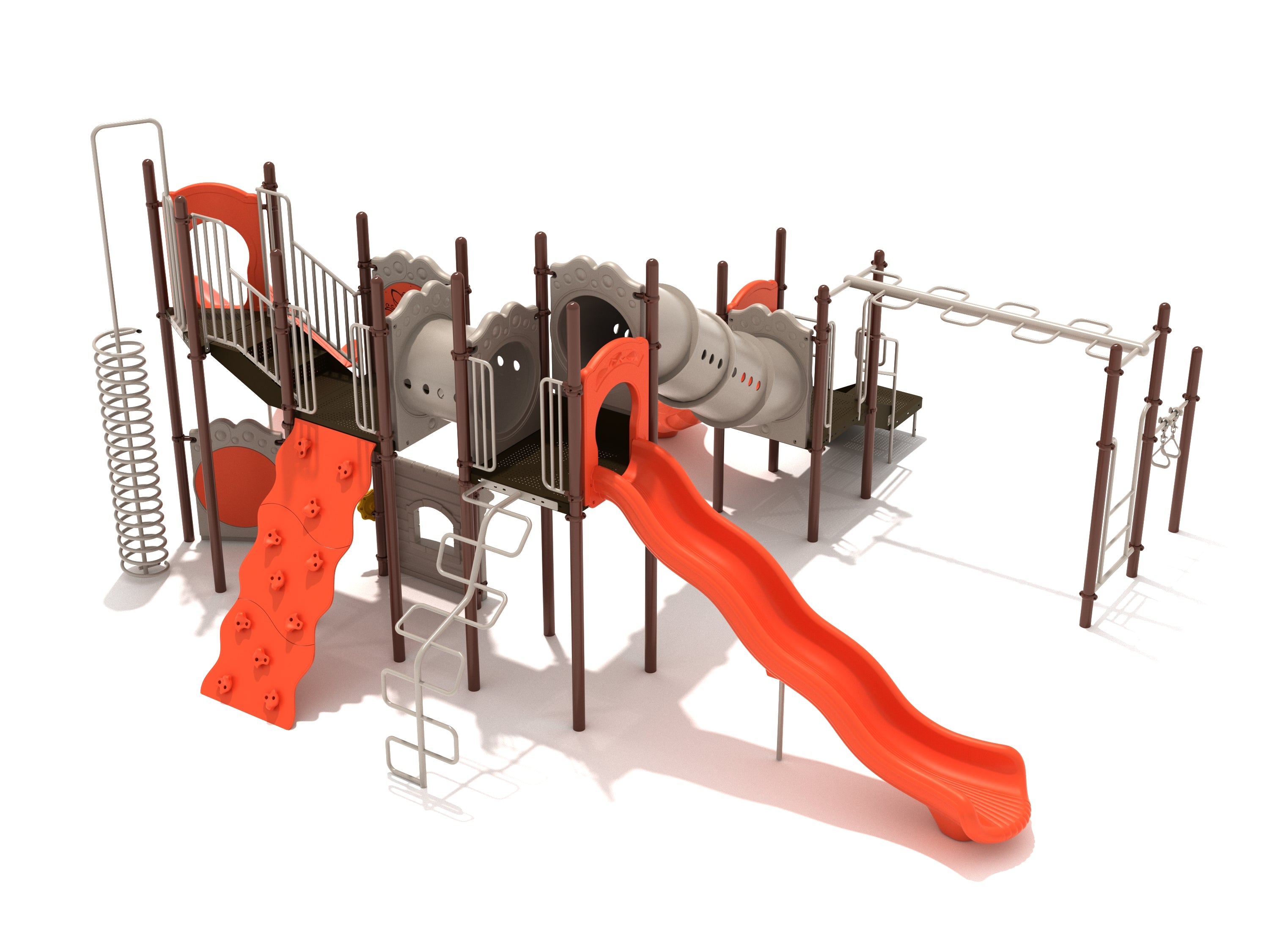 Large colorful playground with orange wave slide, climbing wall, tube tunnels, monkey bars, spiral climber, and interactive panels