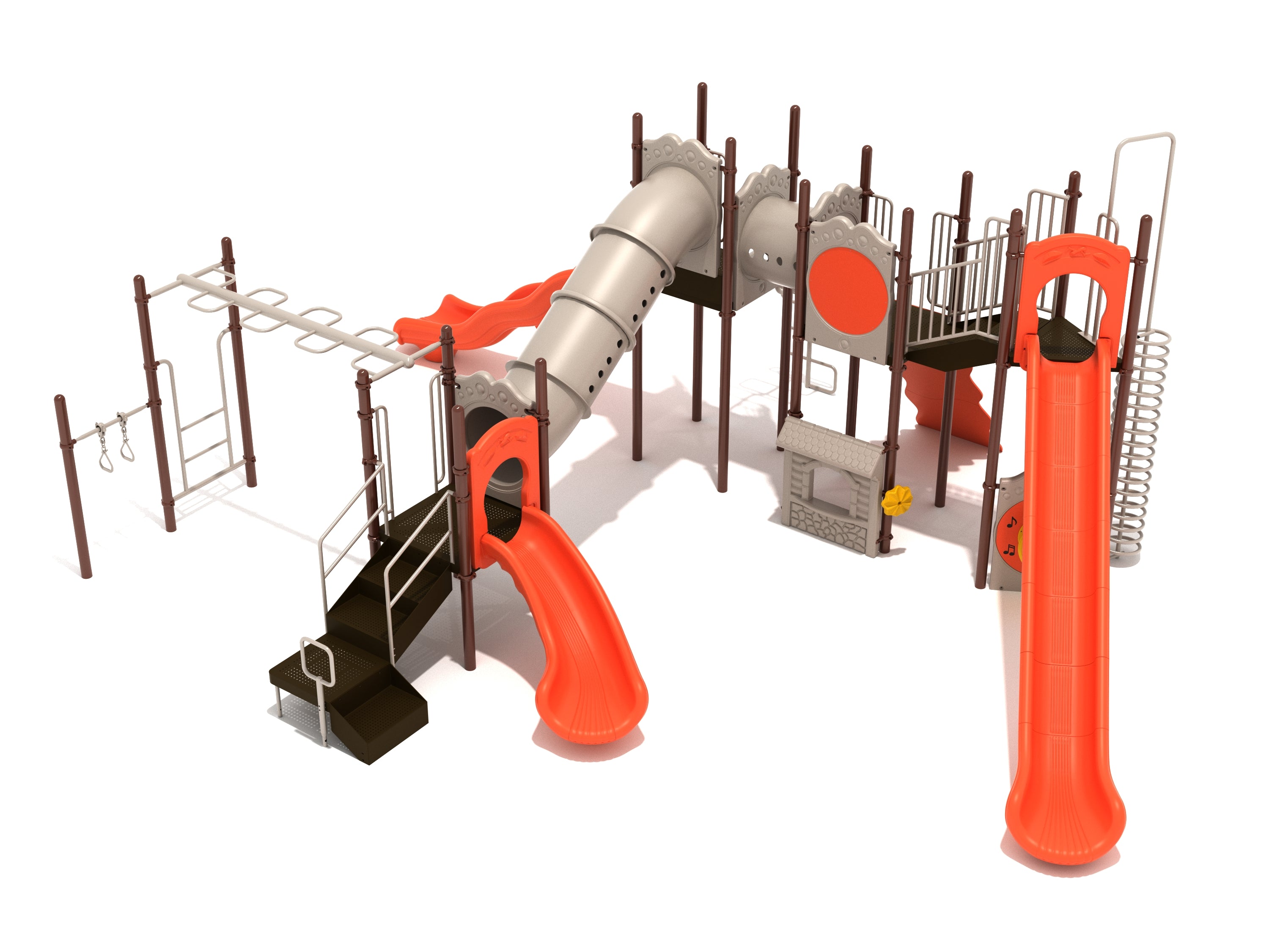Large orange and brown playground structure with multiple slides, climbing ladders, tube bridges, and interactive play panels