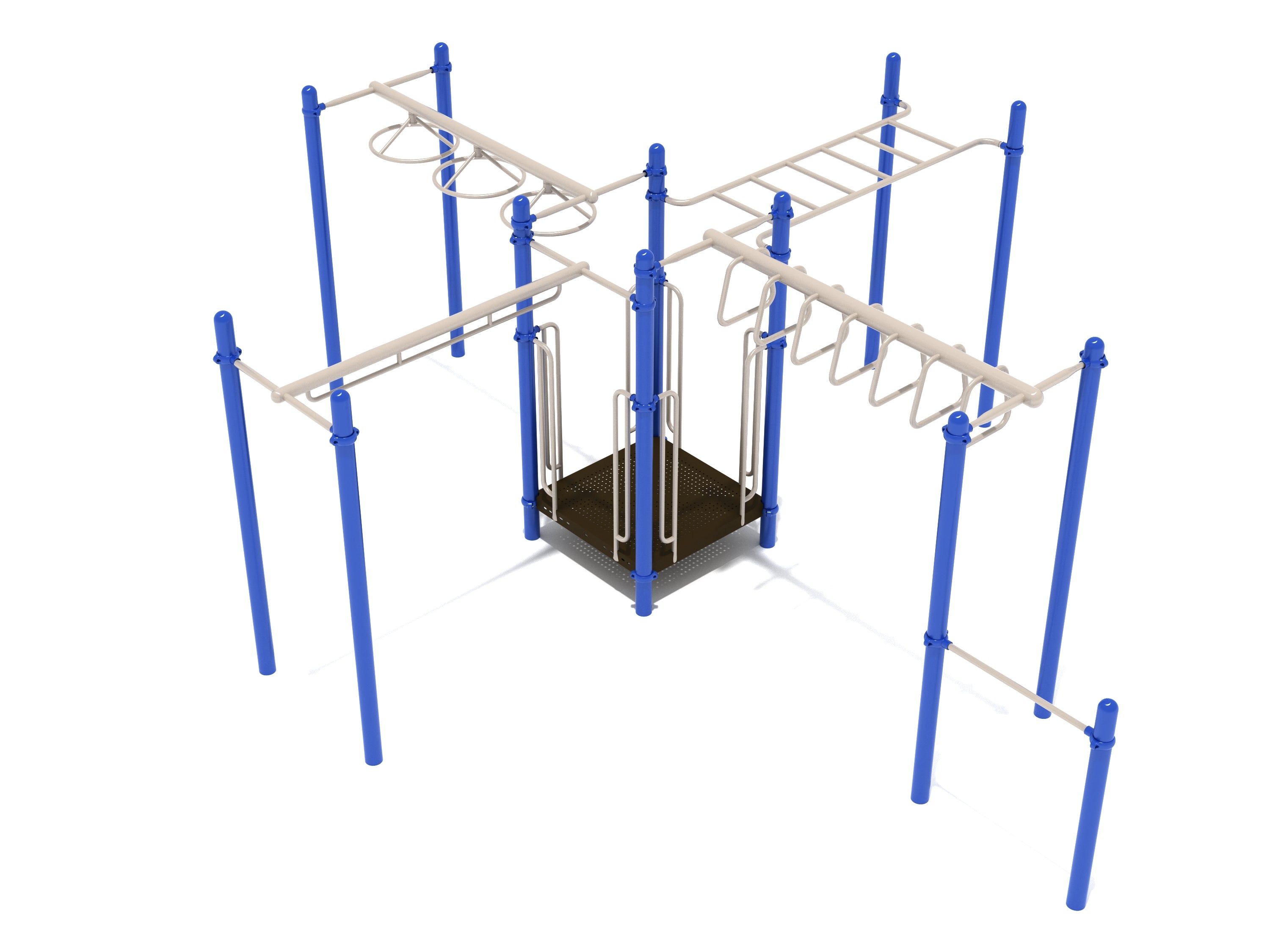 White Plains Fitness Course Playground with blue vertical posts, beige overhead ladders, central elevated platform, and multiple climbing arms
