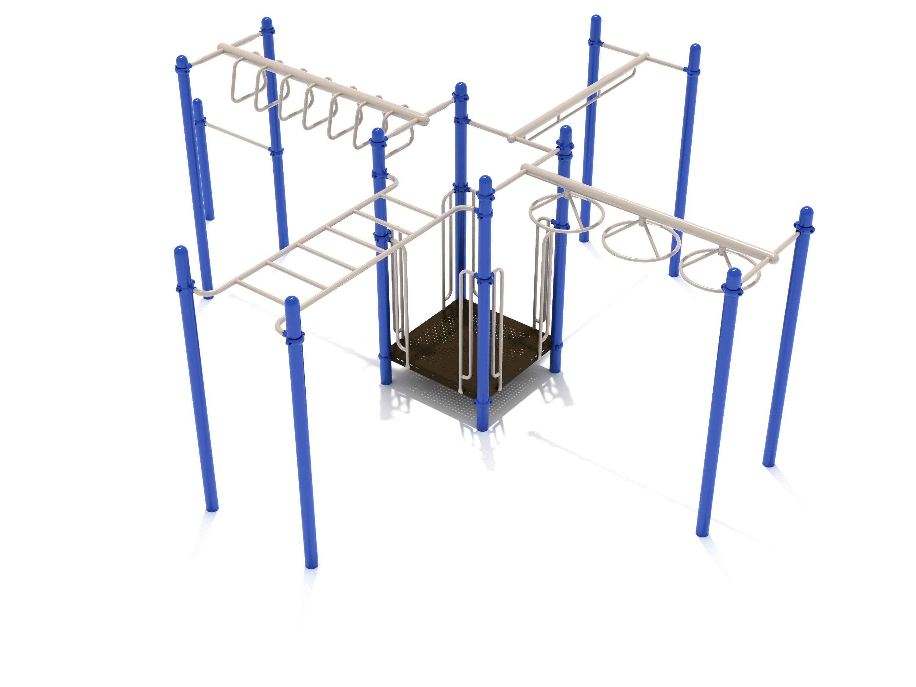 Blue and beige playground fitness structure with elevated platform and four distinct overhead climbing ladders including horizontal, rung, parallel, and wheel swing types