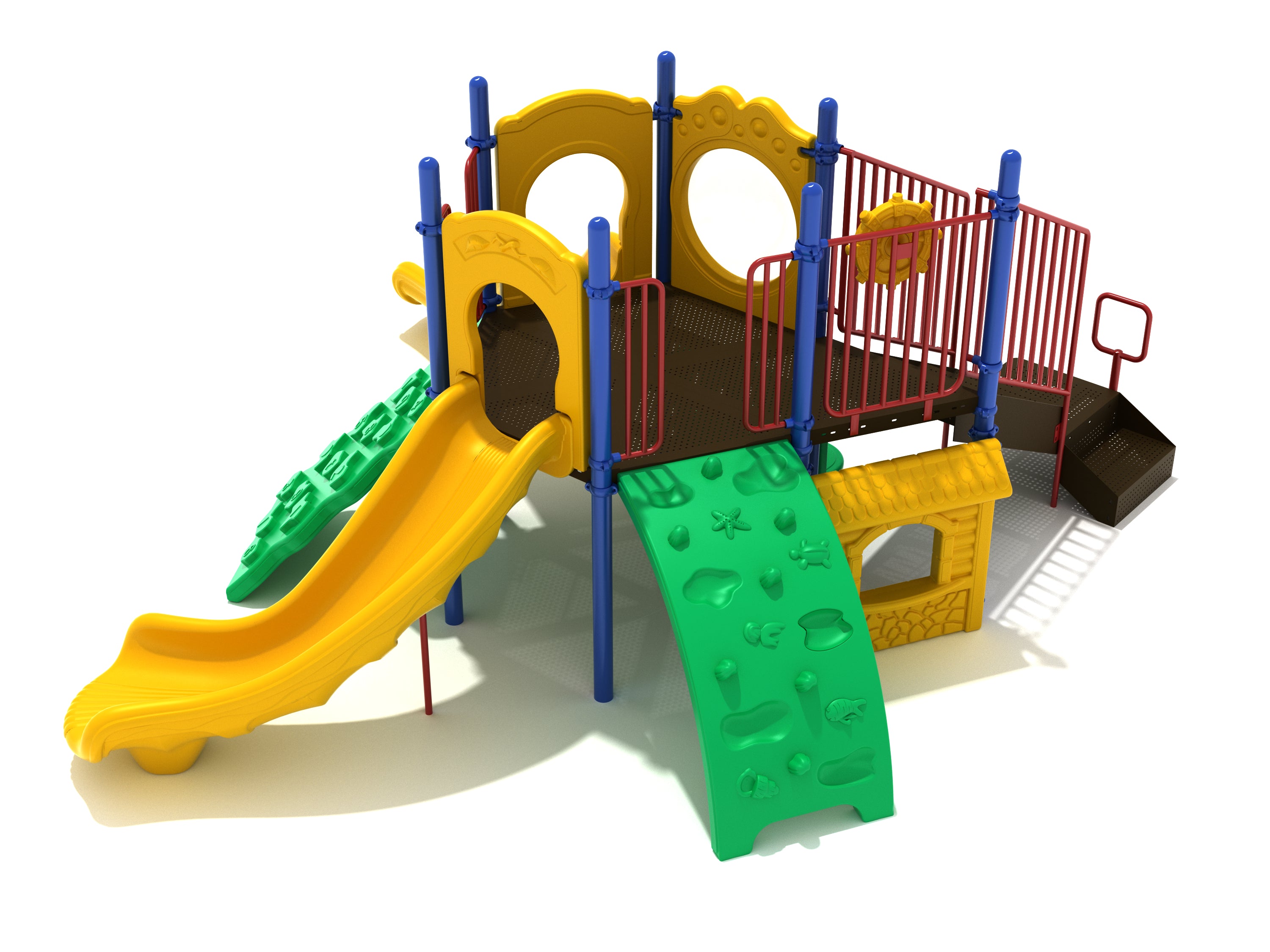 Compact playground structure with yellow slides, green sea creature climber, number climber, red railings, and interactive play panels.