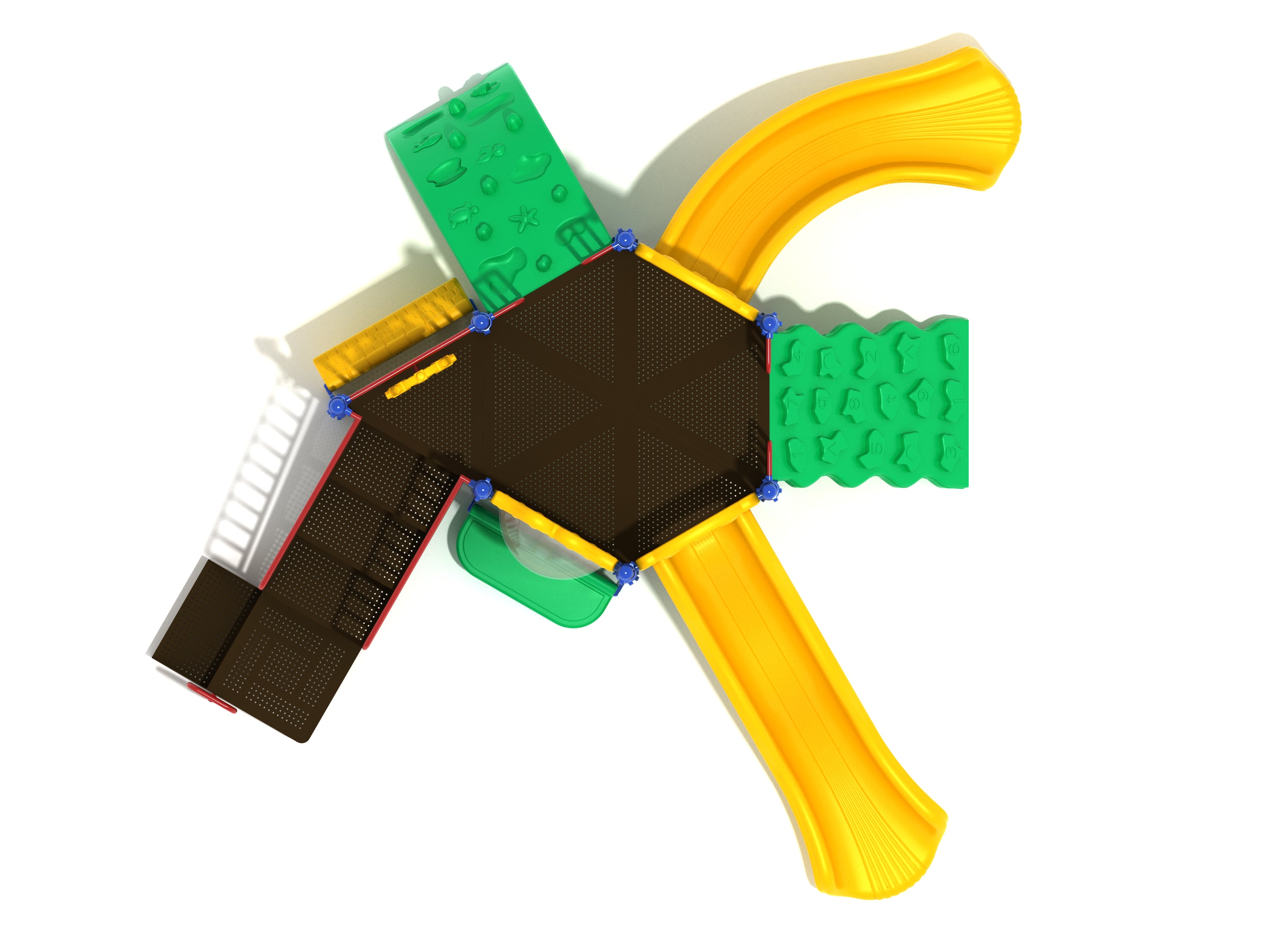 Overhead view of compact playground with two yellow slides, green nautical and numeric climbers, and central platform