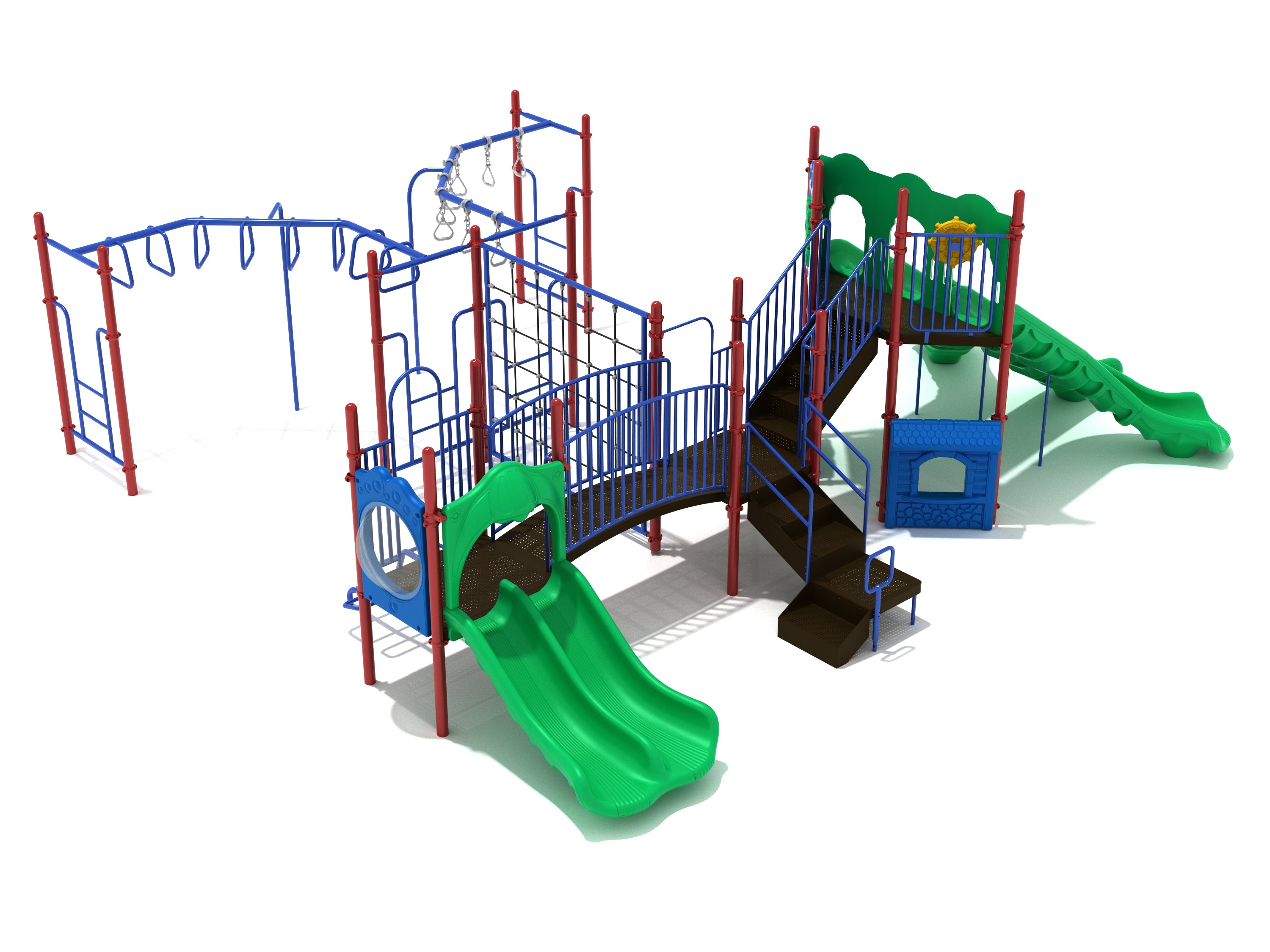 Colorful playground structure with green slides, blue climbing panels, red posts, stairs, and overhead climbing bars.