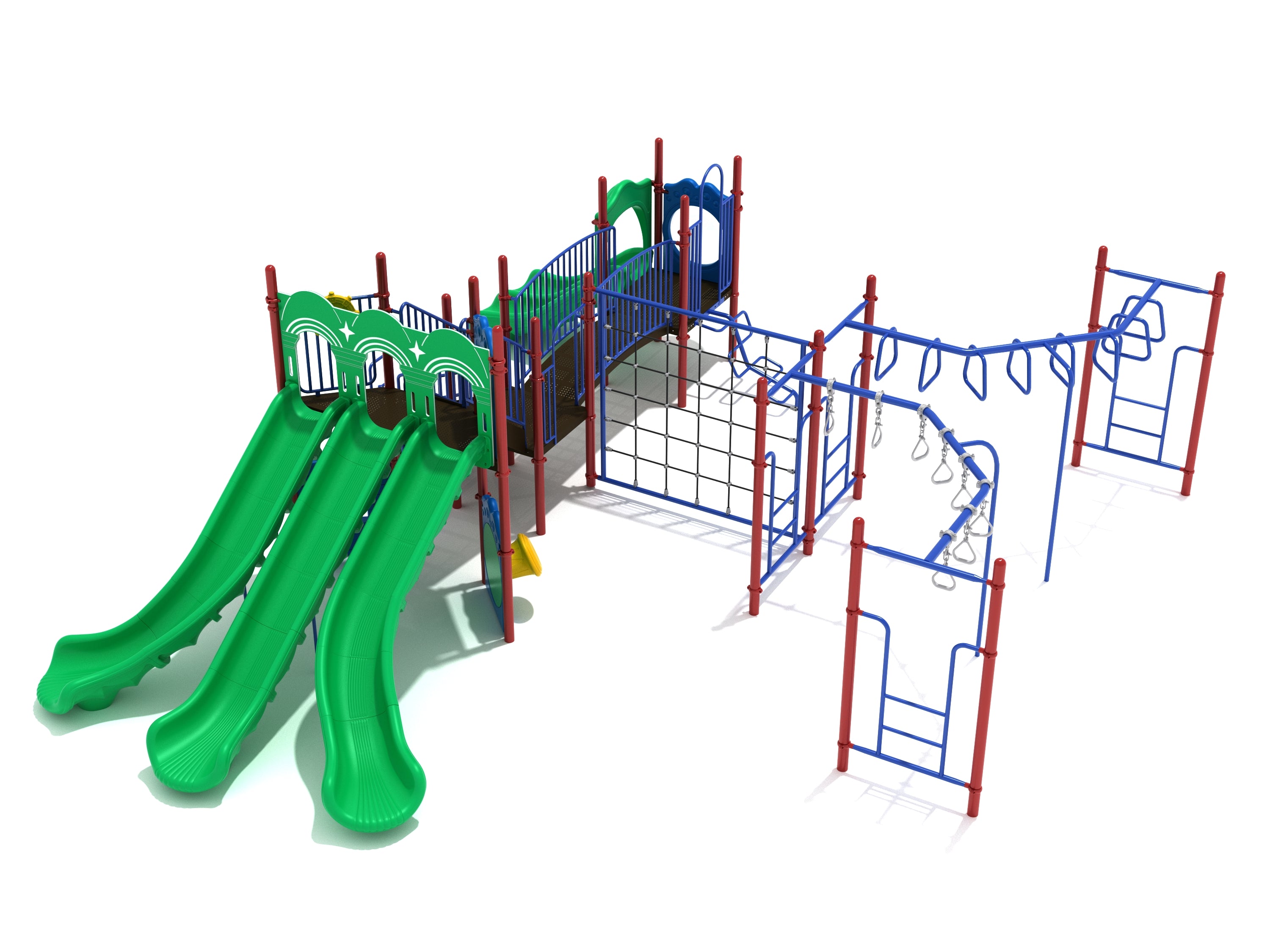 Large playground structure with triple green slides, blue climbing nets, ladders, and overhead swinging rings