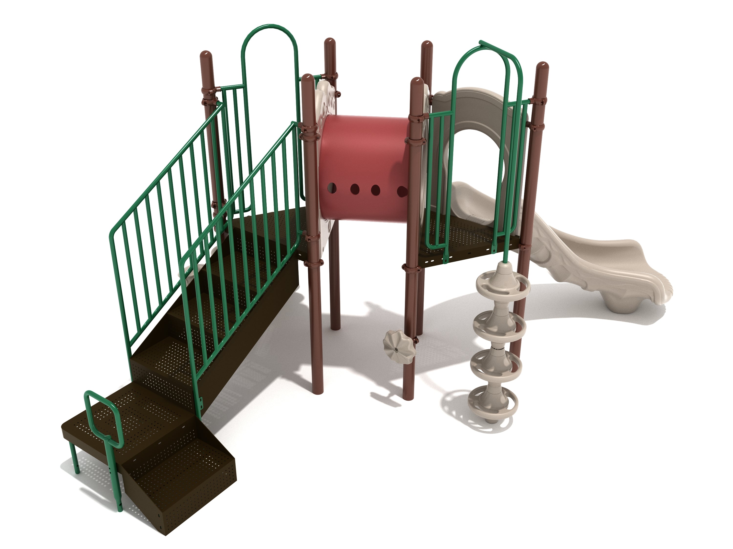 Elevated playground structure with green railings, brown stairs, red tube bridge, beige slide, and interactive play panels