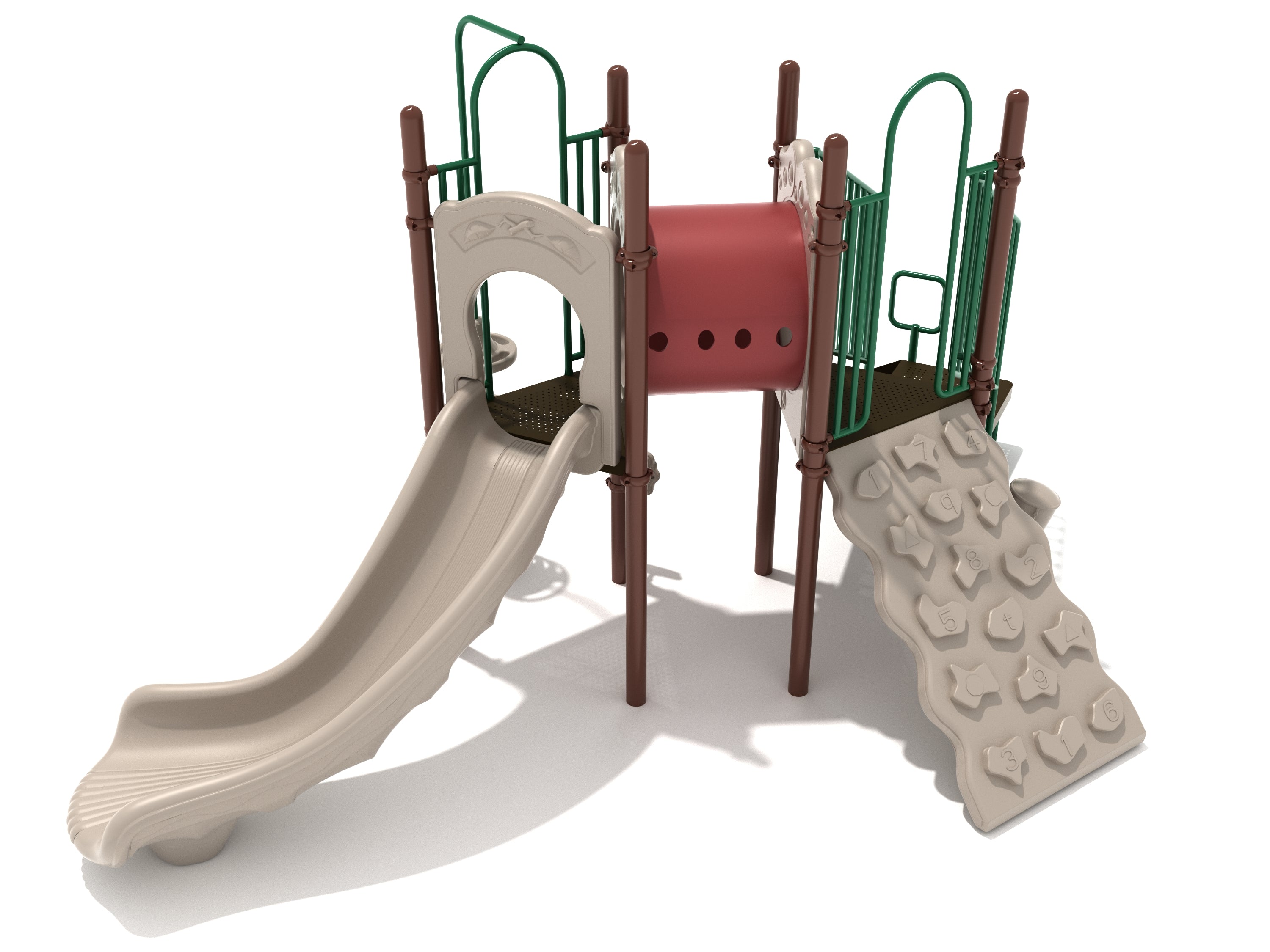 Playground structure with beige slide, red crawl tube, beige climbing wall with number shapes, and green railings