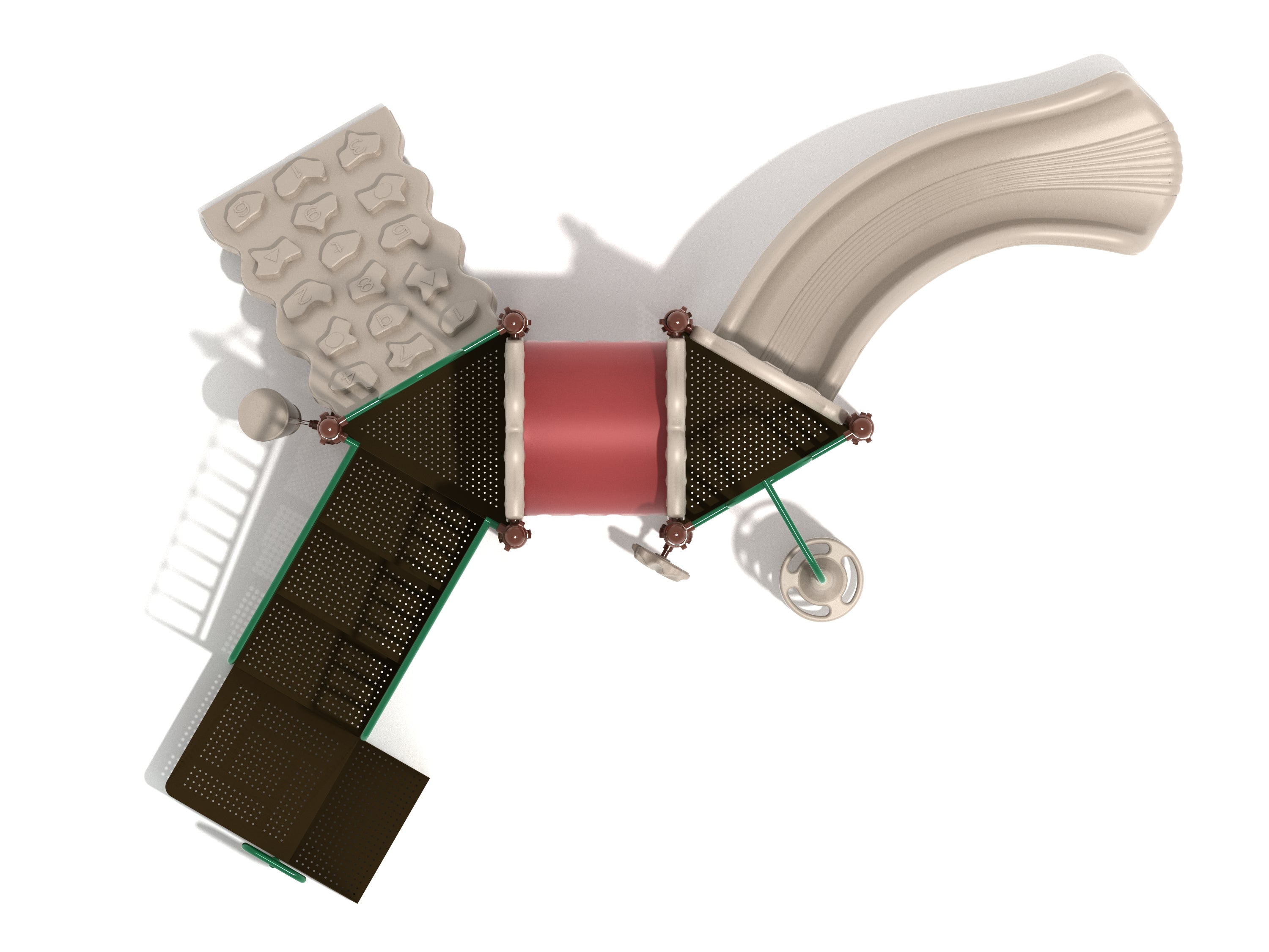 Overhead view of playground with two triangular platforms connected by red tube bridge, curved slide, climbing wall, and play panels