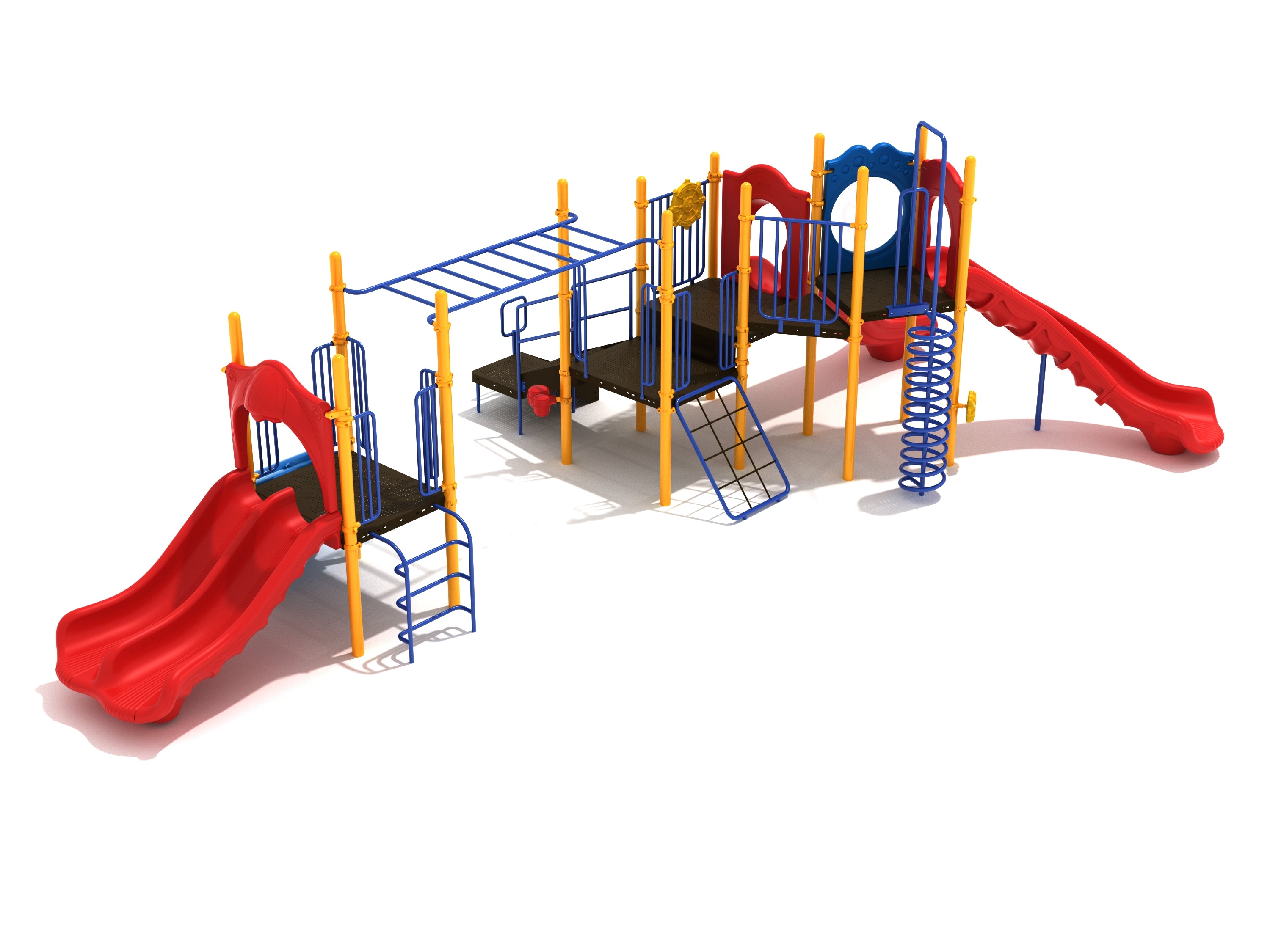 Santa Rosa Playground with red double and wave slides, blue and yellow climbing structures, overhead horizontal ladder, and interactive play panels