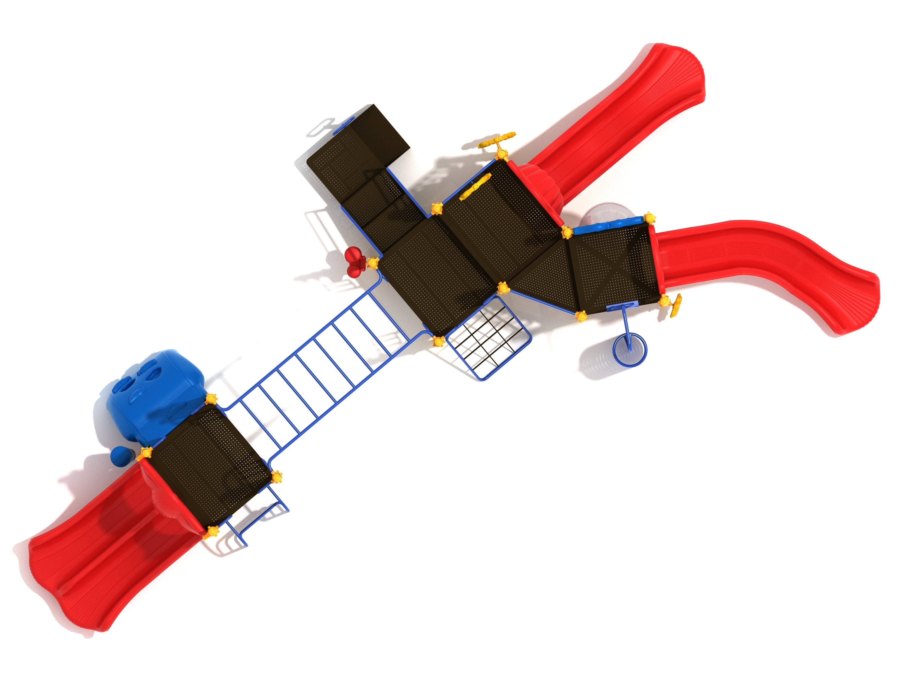 Overhead view of a large playground with red slides, blue climbers, black platforms, and a connecting horizontal ladder