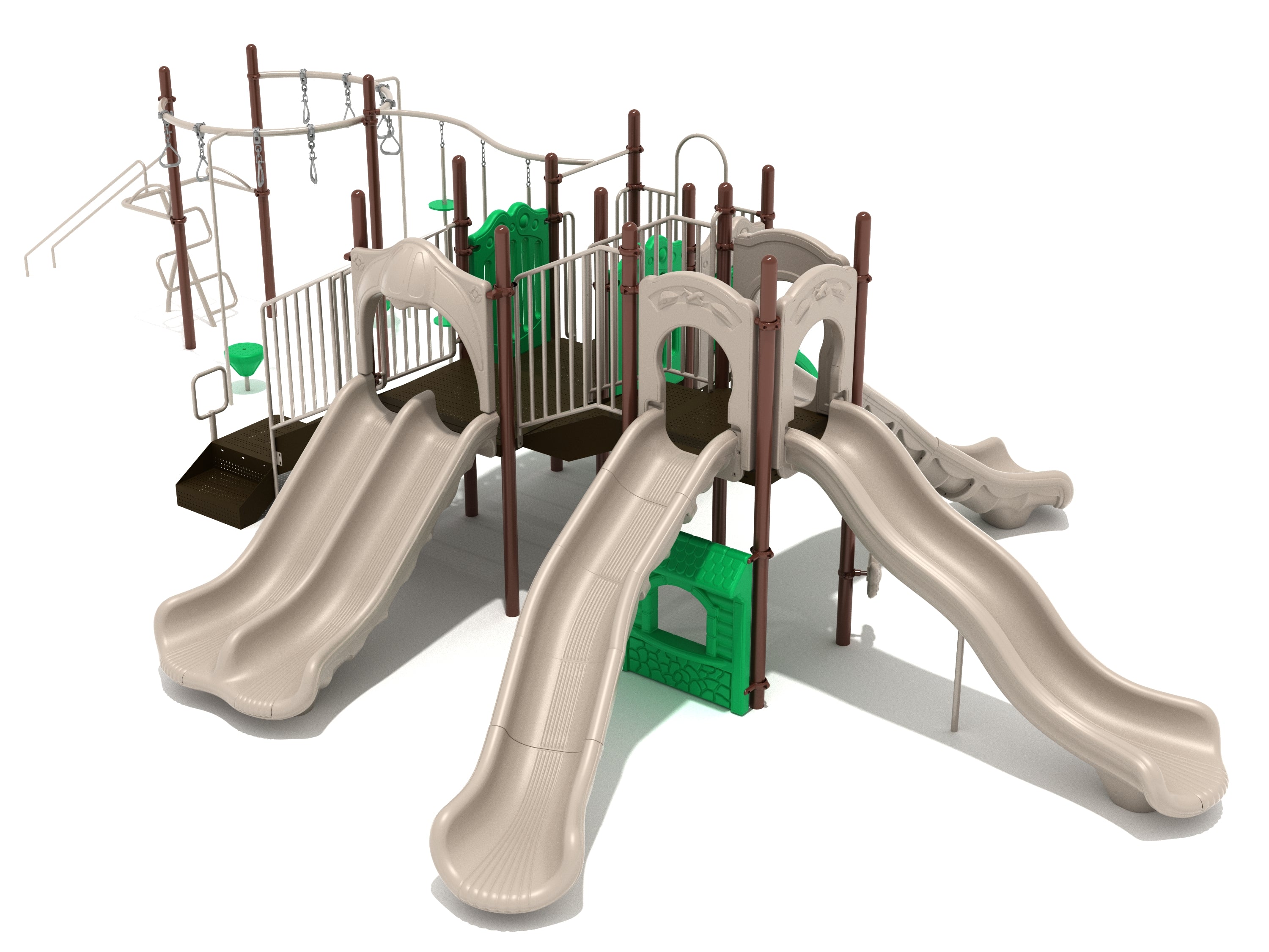 Goleta Playground with beige slides, brown posts, green play panels, climbing ladder, and curved overhead swinging rung ladder