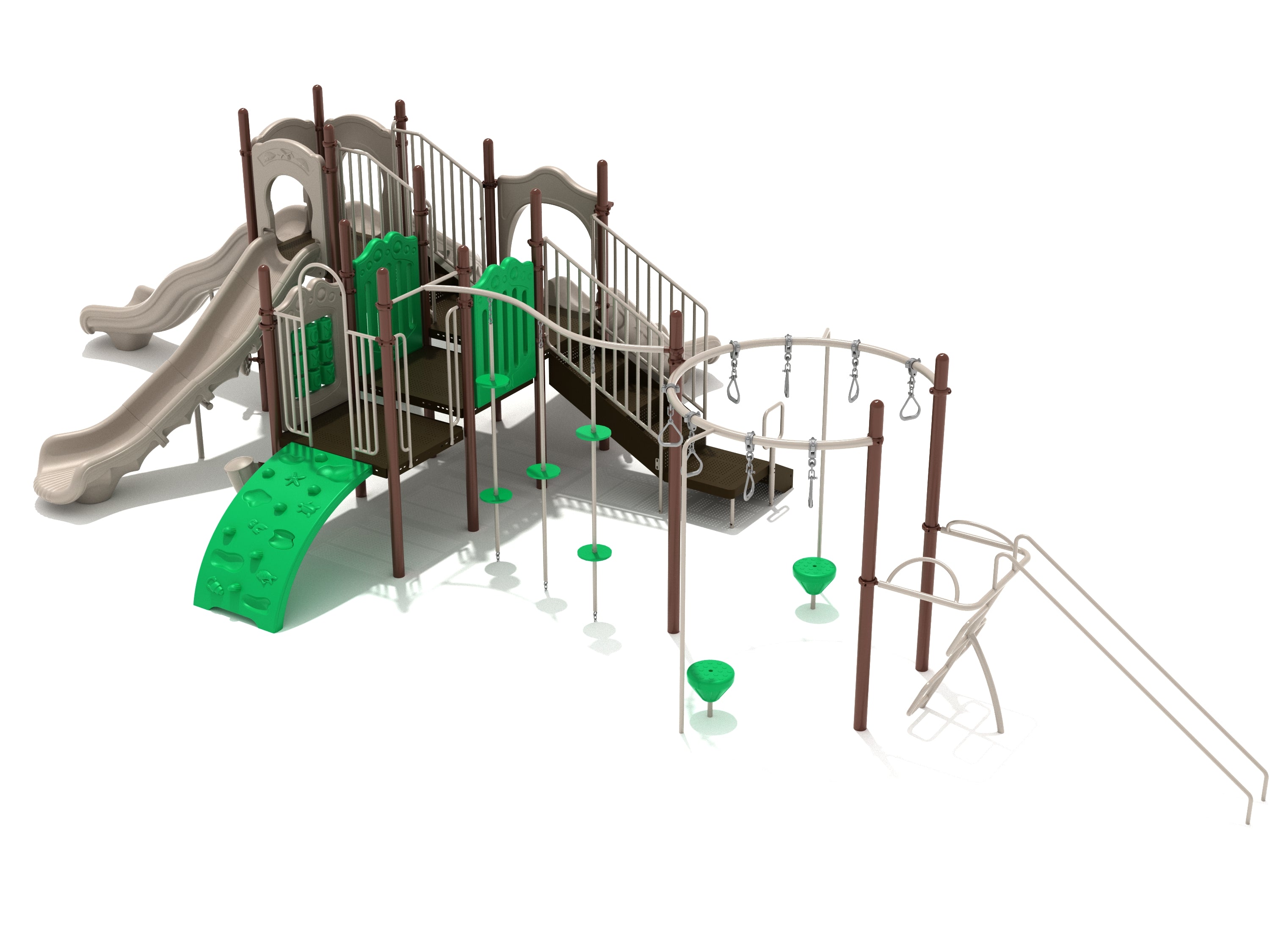 Elevated playground structure with multiple slides, climbing panels, circular overhead rung ladder, and green climbing elements