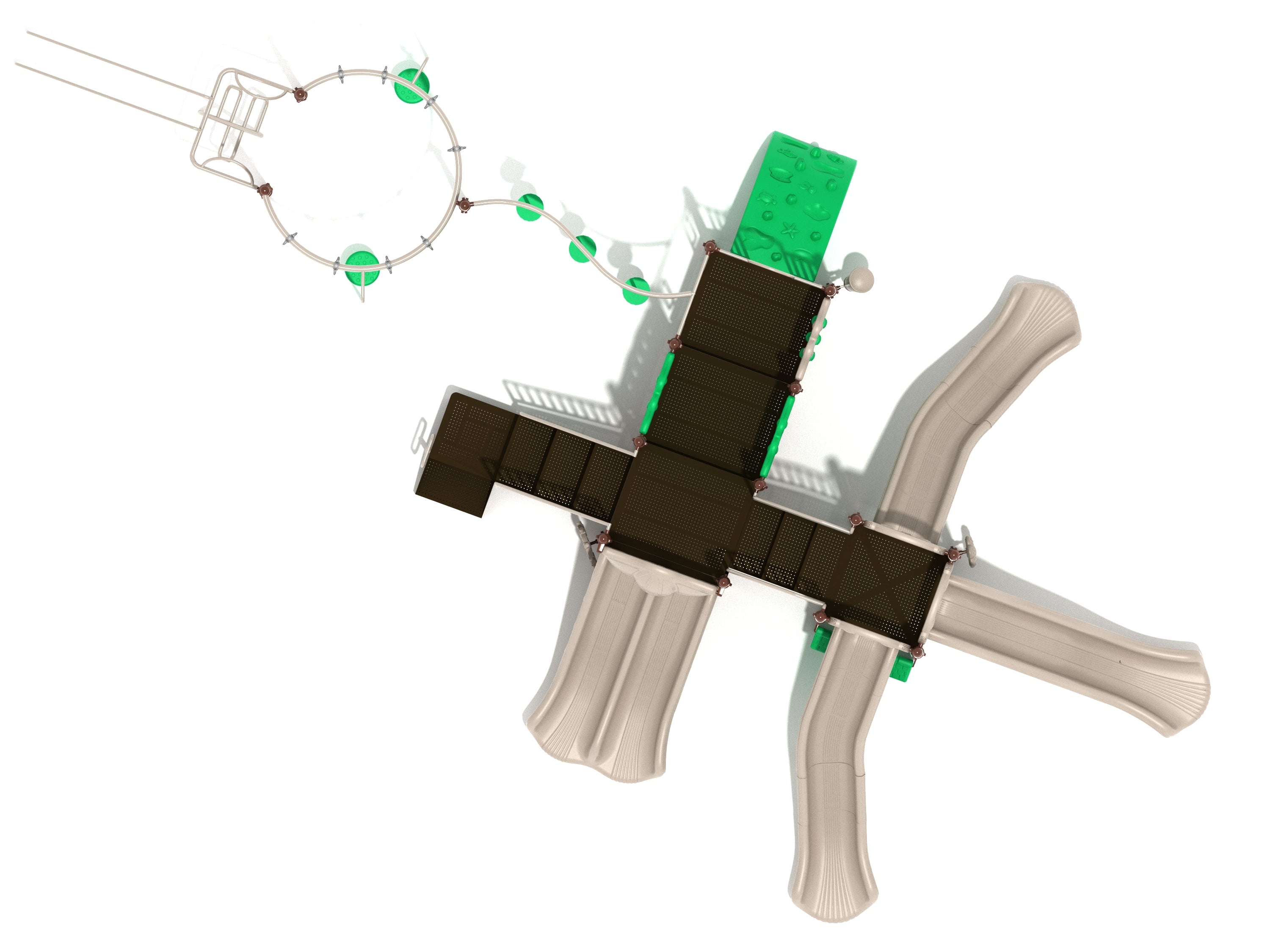 Overhead view of a large playground with four beige slides, dark brown platforms, green climbers, and a circular overhead swinging rung ladder