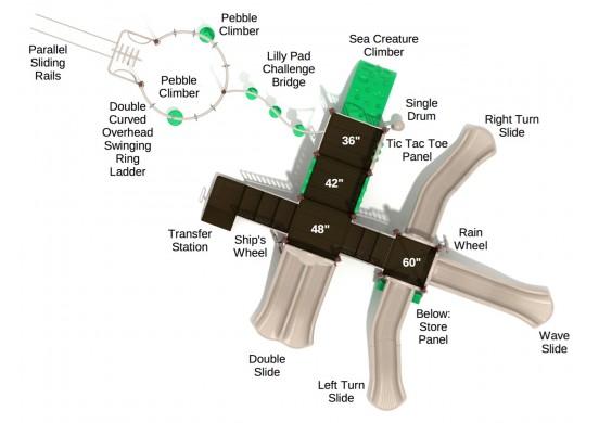 Overhead view of a nautical-themed playground with slides, climbers, bridges, and interactive play panels