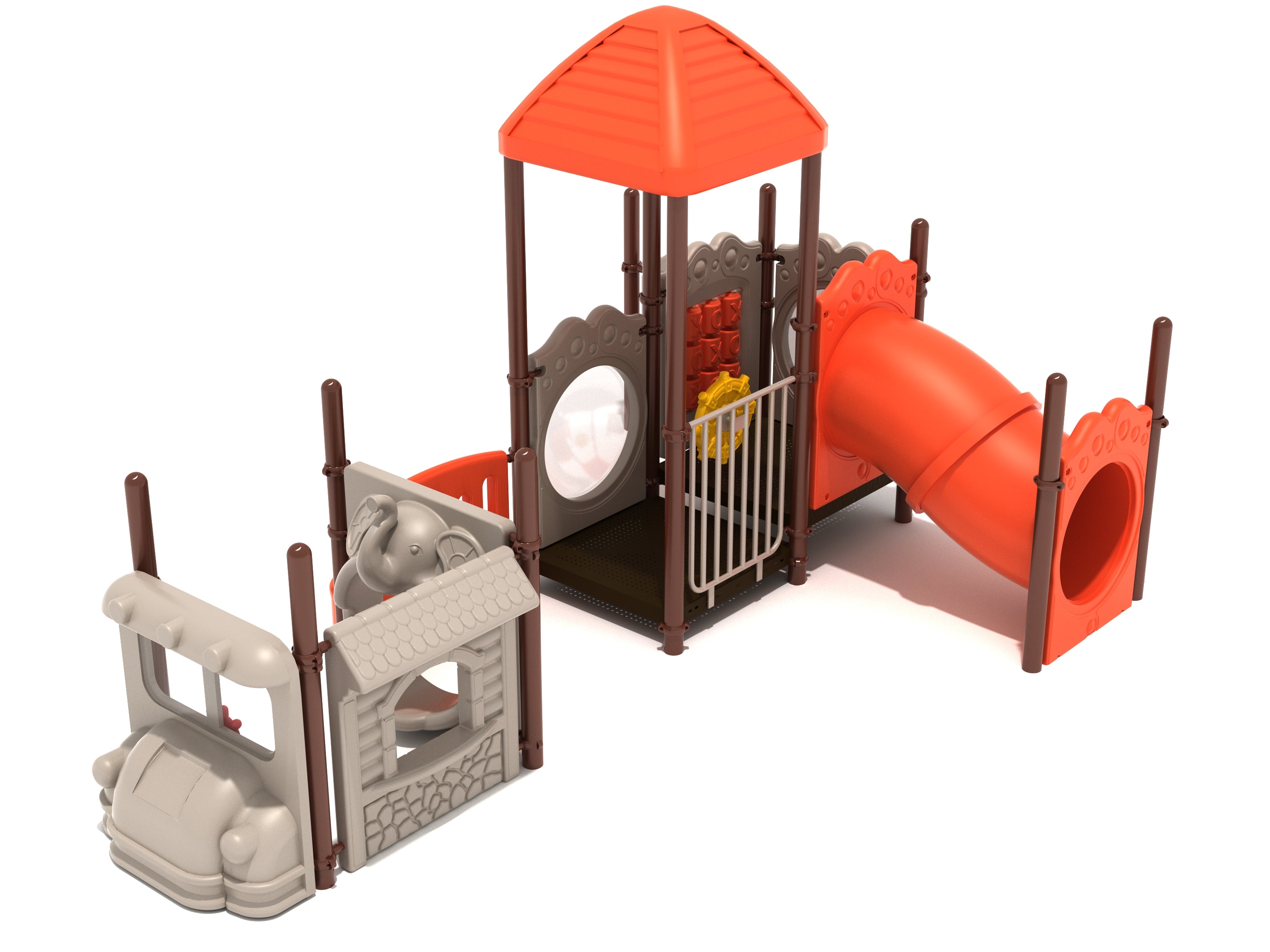 Knoxville Playground toddler structure with orange roof, crawl tube, bubble window, gear panel, ship wheel, and elephant crawl-through.