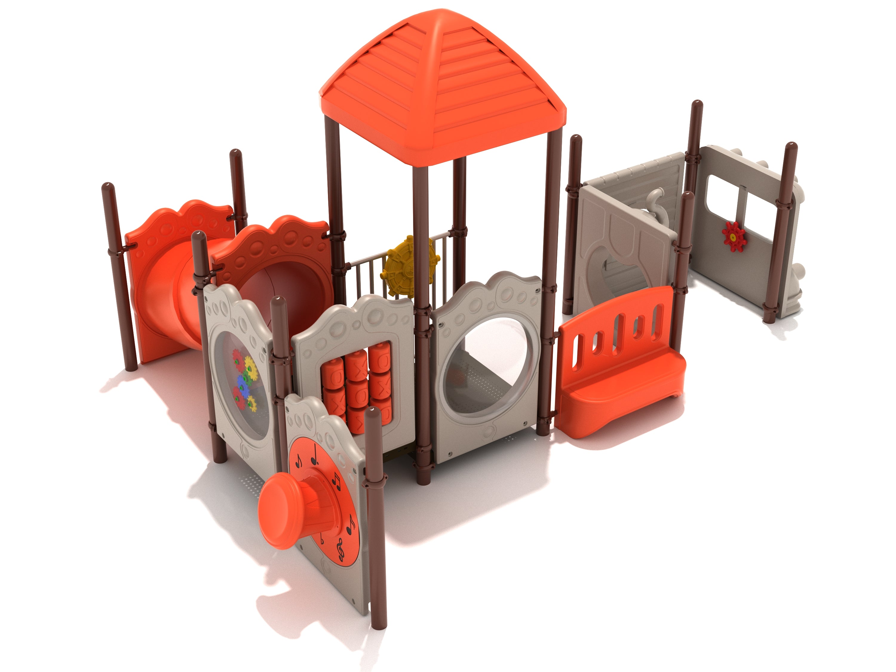 Compact children's playground with orange roof, slide, crawl-through tunnel, and interactive play panels including drum, store, and ship's wheel.