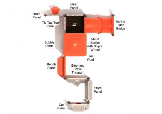 Overhead view of colorful playground with drum, tic-tac-toe, bubble, gear, store, car panels, elephant crawl-through, metal barrier, and incline tube bridge