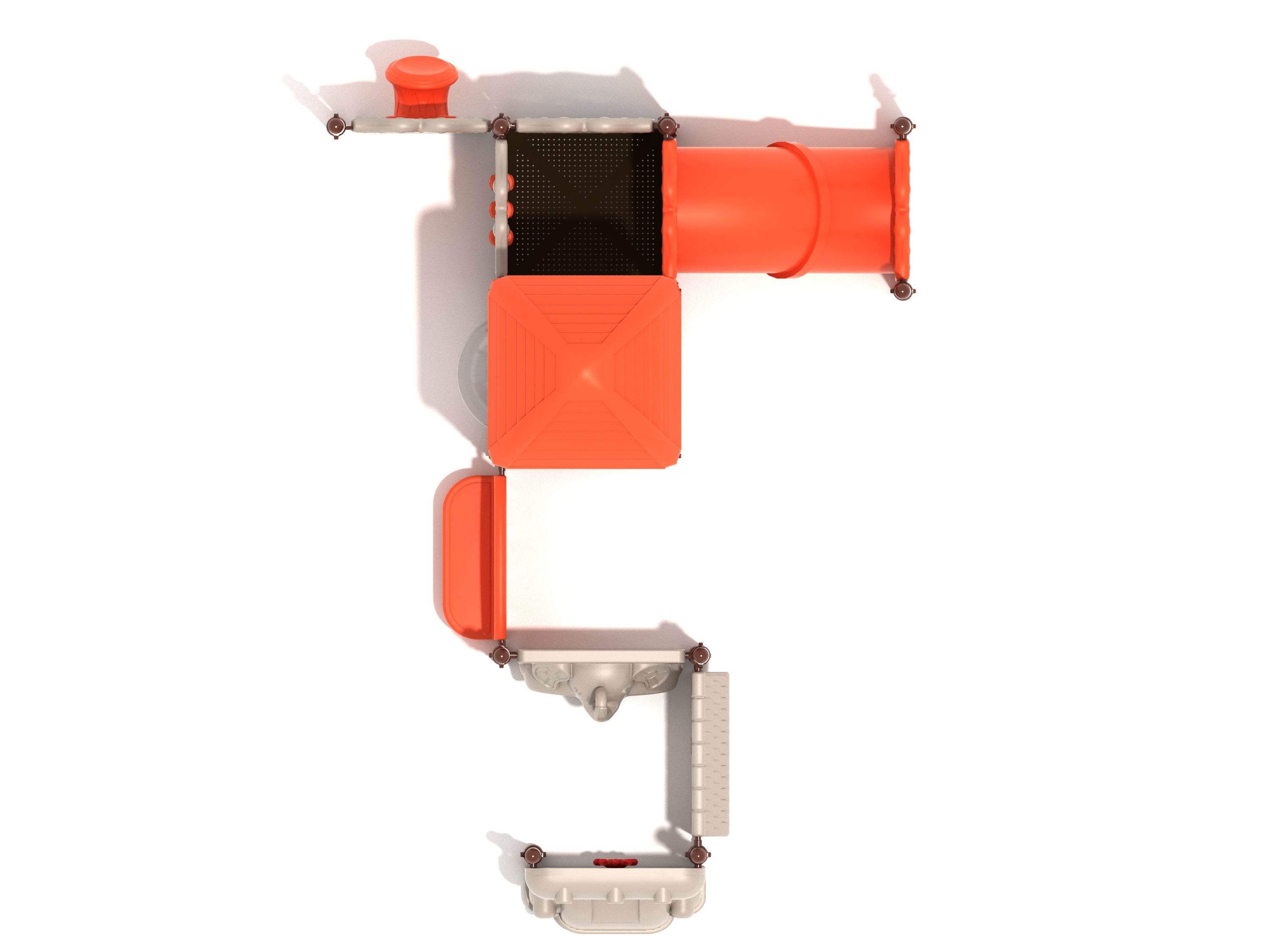 Overhead view of compact playground with orange roof, slide, crawl tube, and interactive play panels including drum and tic-tac-toe.