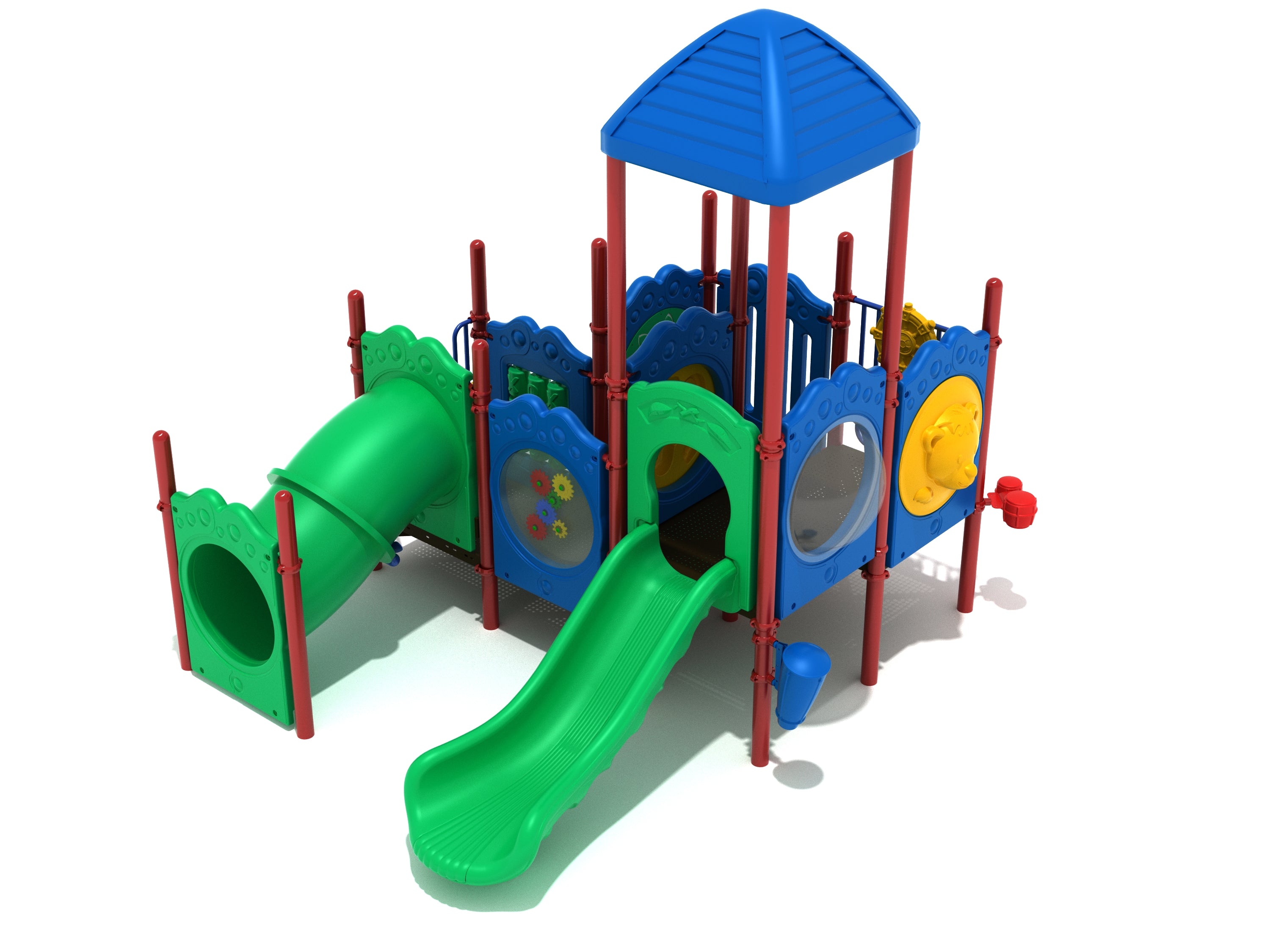 Colorful children's playground with green slides, blue roof, interactive panels featuring gears, animals, and sensory play elements