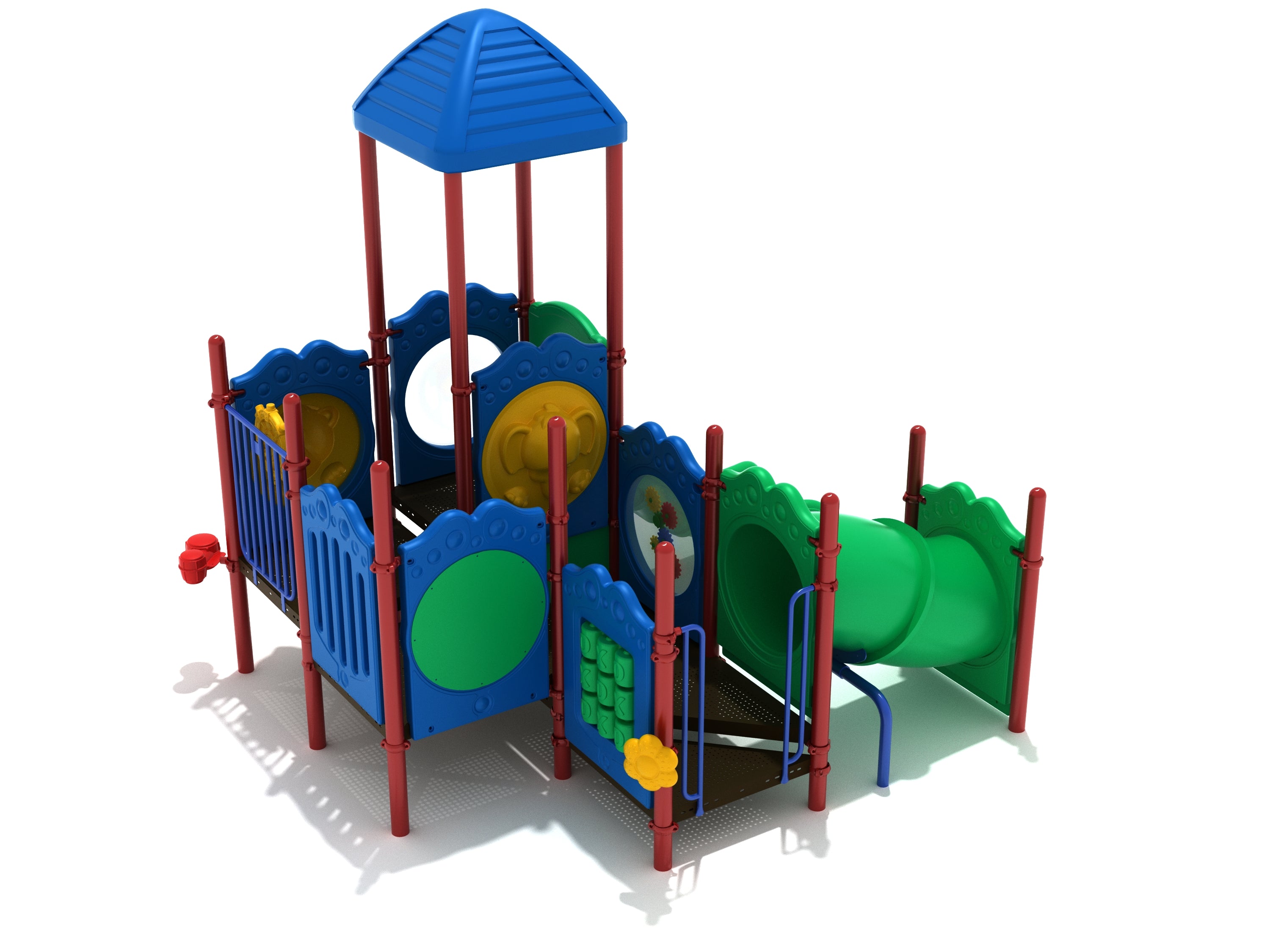 Compact children's playground with blue roof, red posts, green crawl tube, interactive panels, and a straight slide.