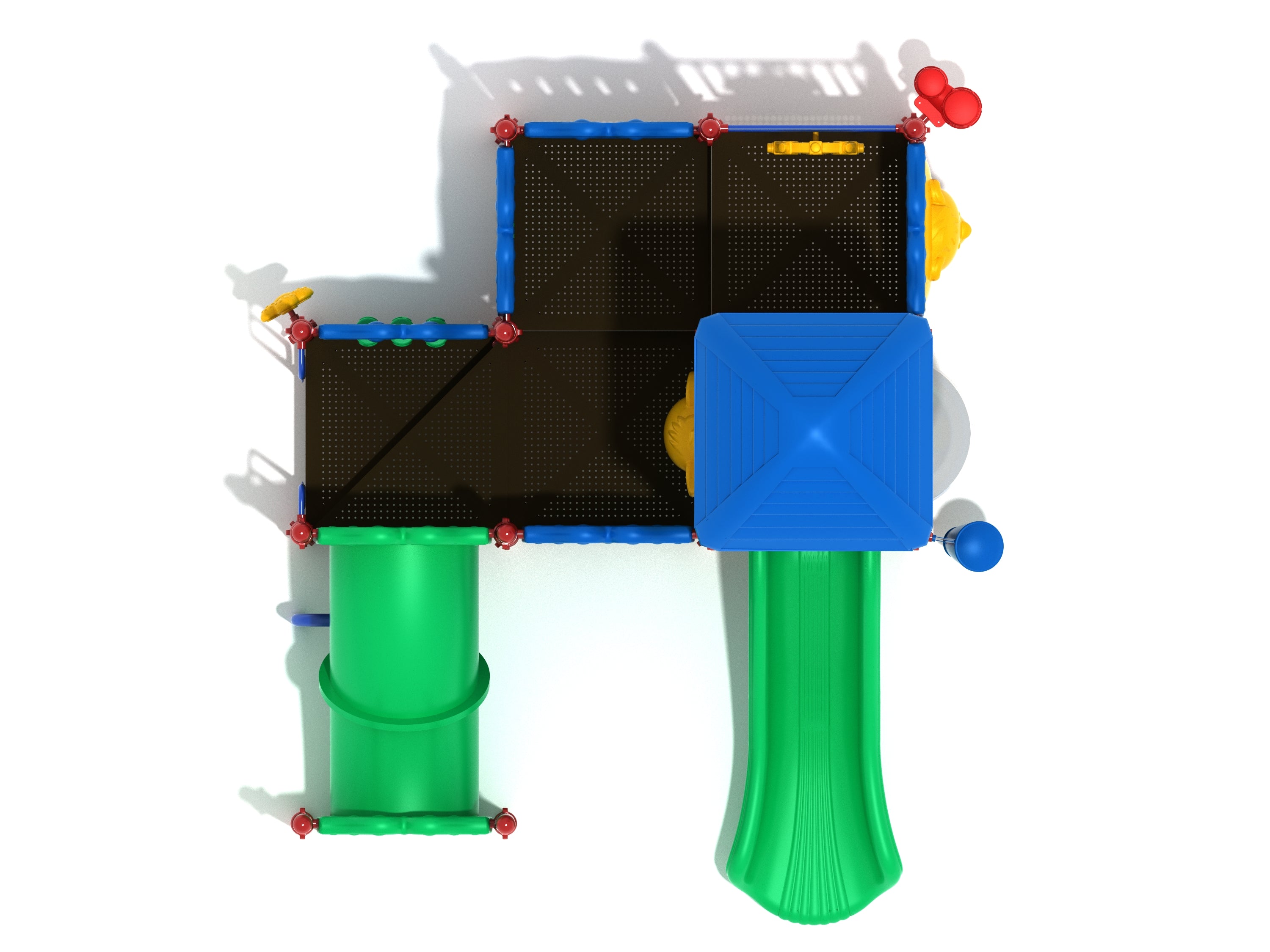 Overhead view of colorful playground with green slides, blue roof, and interactive panels including tic-tac-toe and maze features