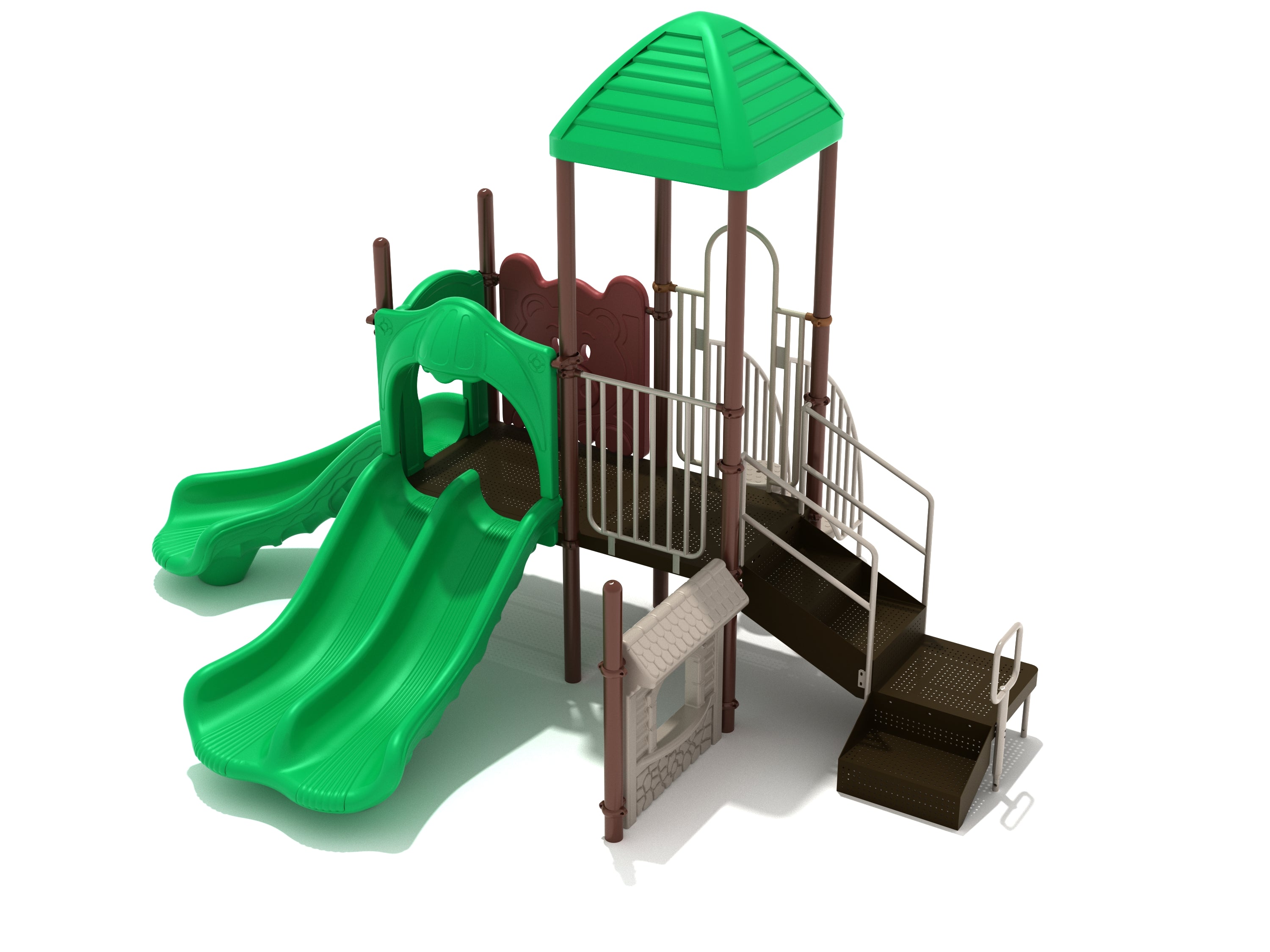 Compact playground structure with green double and single slides, brown stairs, roof, and interactive play panels