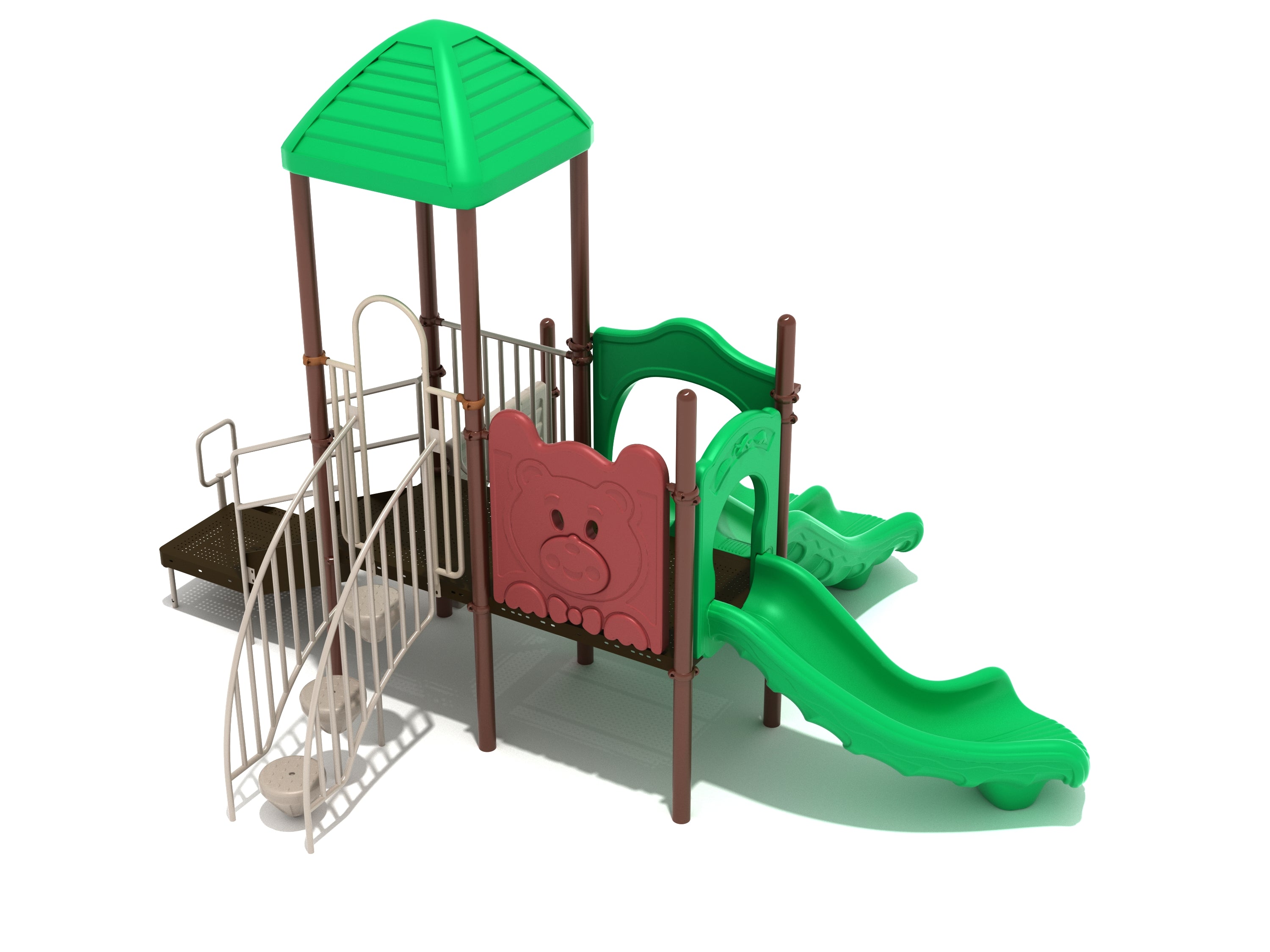 Compact playground structure with green roof, brown posts, bear panel, stairs, and two green slides