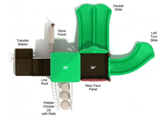 Overhead view of green and brown playground with two elevated platforms, double slide, left-turn slide, pebble climber, store and bear panels, and line roof
