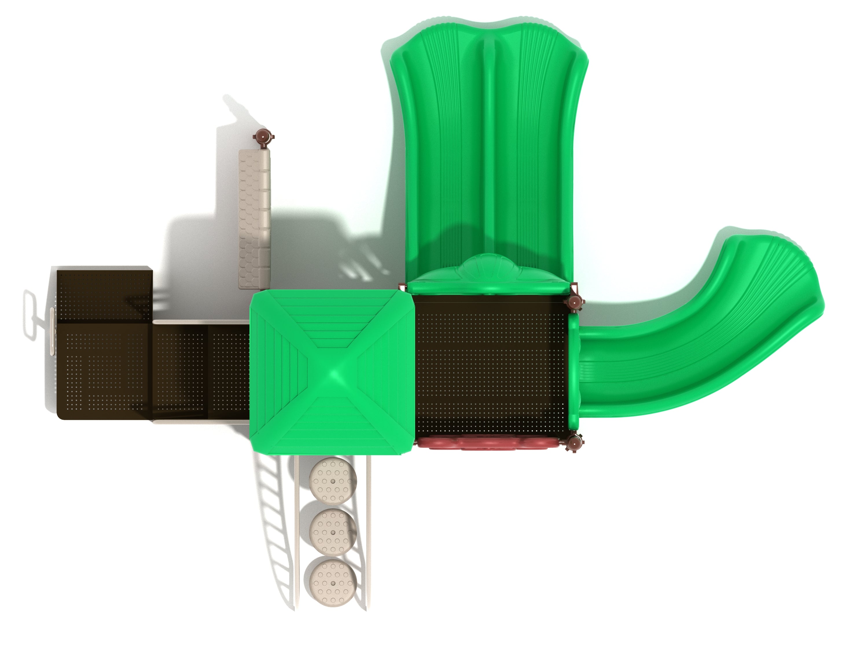 Overhead view of green and brown playground structure with two slides, climbing elements, roofed platform, and interactive panels