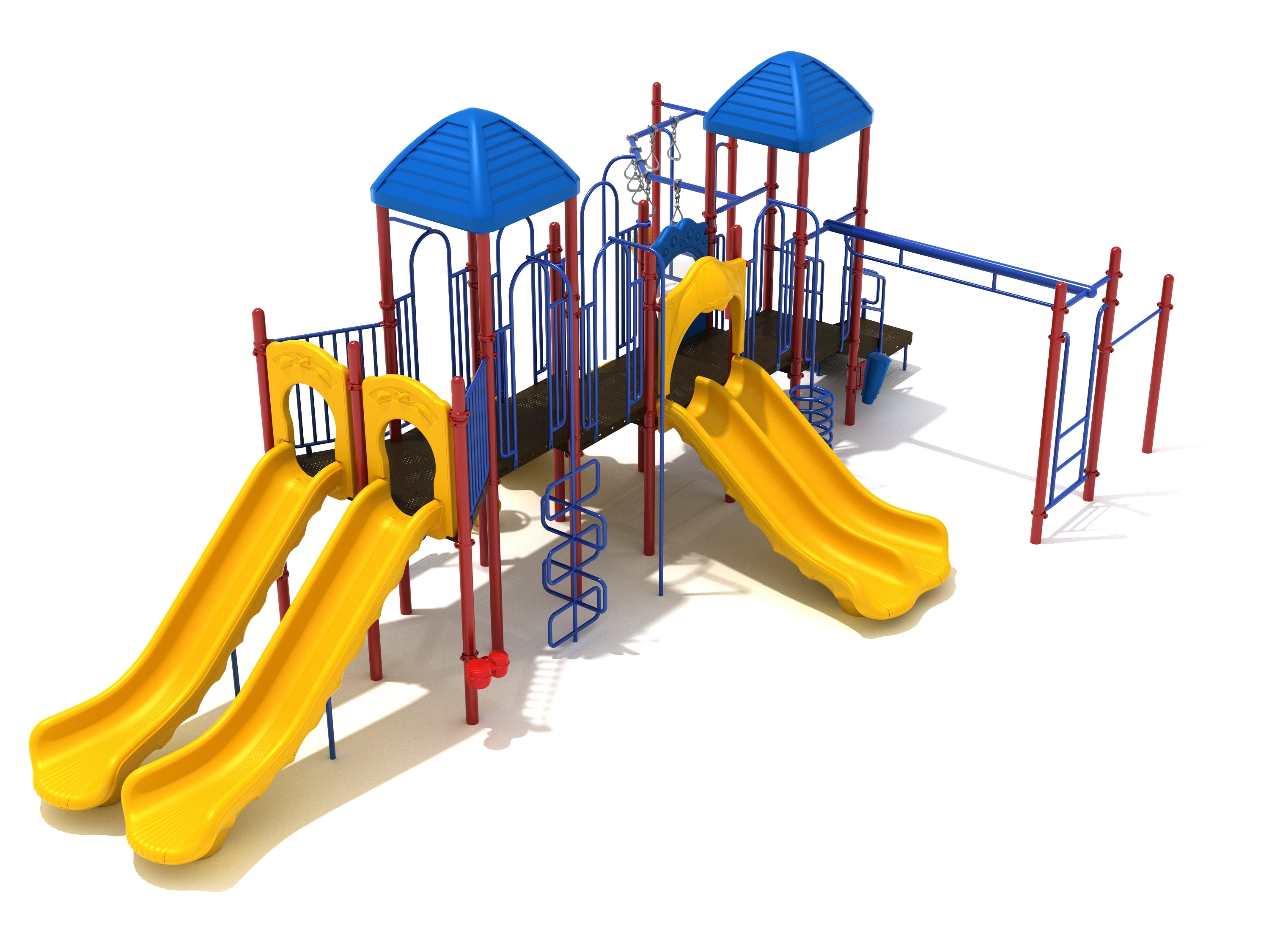Colorful playground structure with multiple yellow slides, blue roofs, climbing ladders, and red support poles