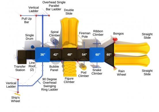 Overhead view of multi-level playground with slides, climbers, ladders, poles, and interactive play panels