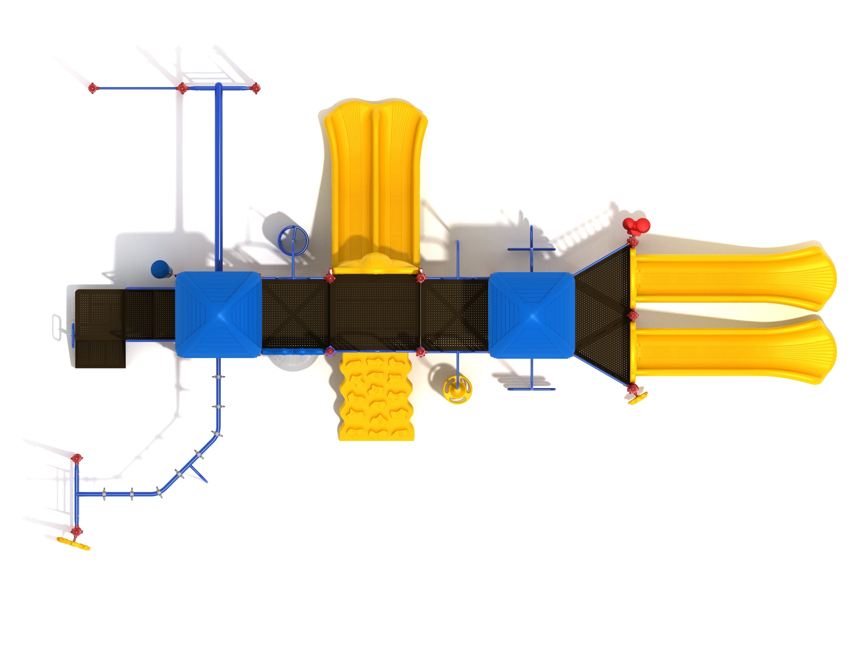 Overhead view of a large playground with six blue platforms, yellow slides, climbing walls, and various climbing and play features
