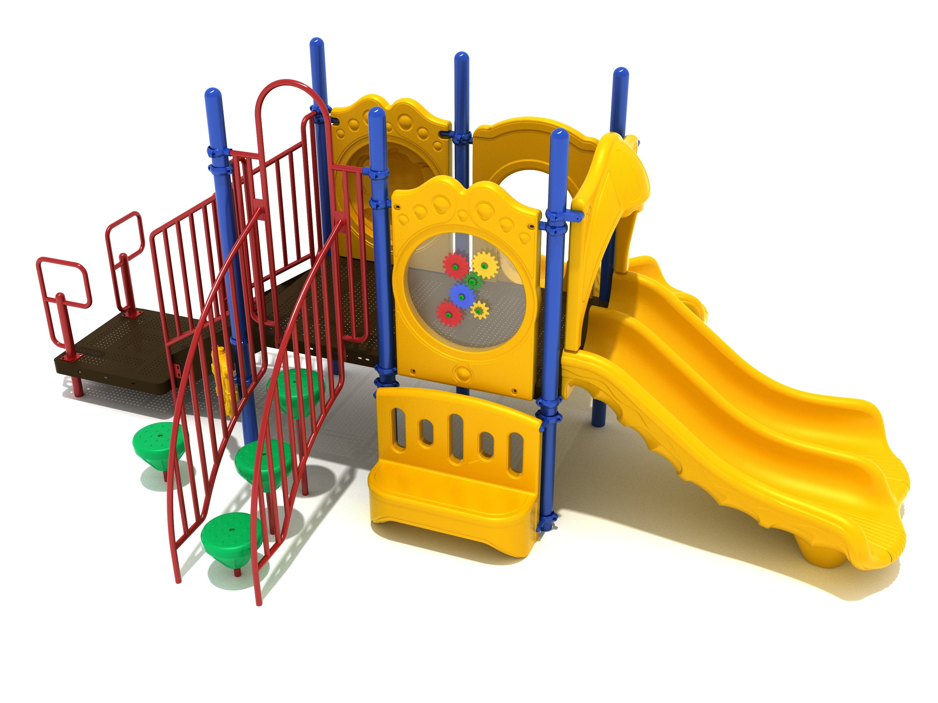 Orlando Playground large play system with yellow double slide, red climbing bars, green stepping pods, and interactive gear panel