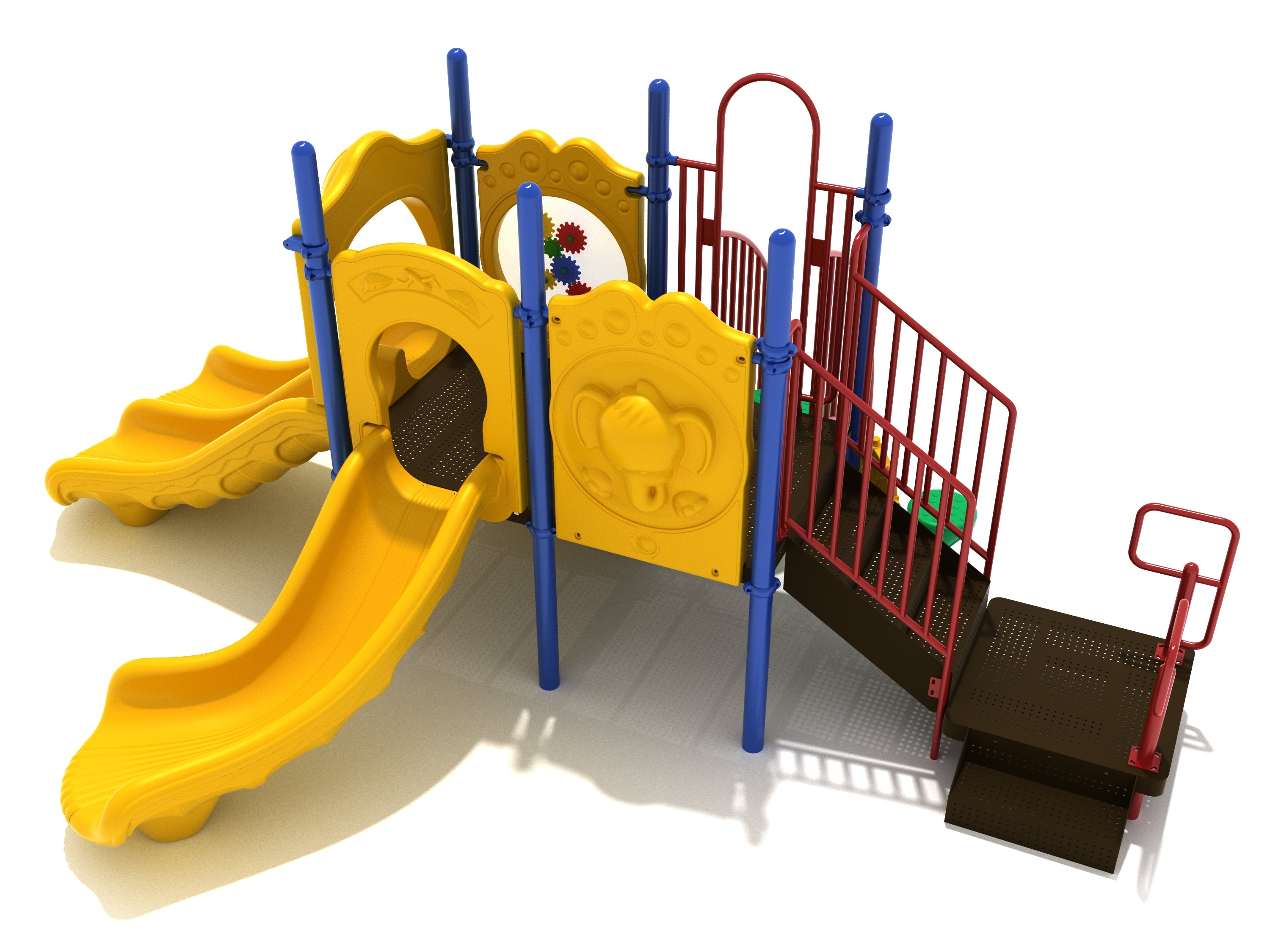 Colorful playground with yellow slides, red railings, blue posts, interactive gear and elephant panels, and accessible play features