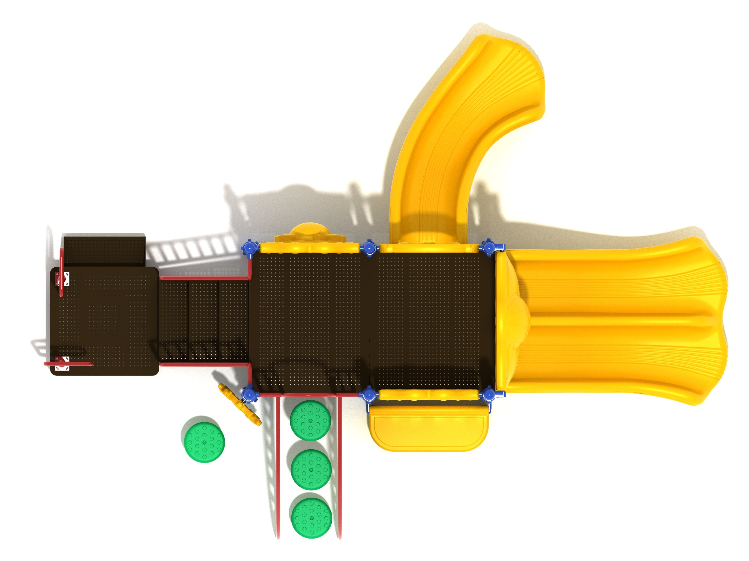 Overhead view of colorful playground with two yellow slides, elevated platforms, green stepping pods, and interactive panels