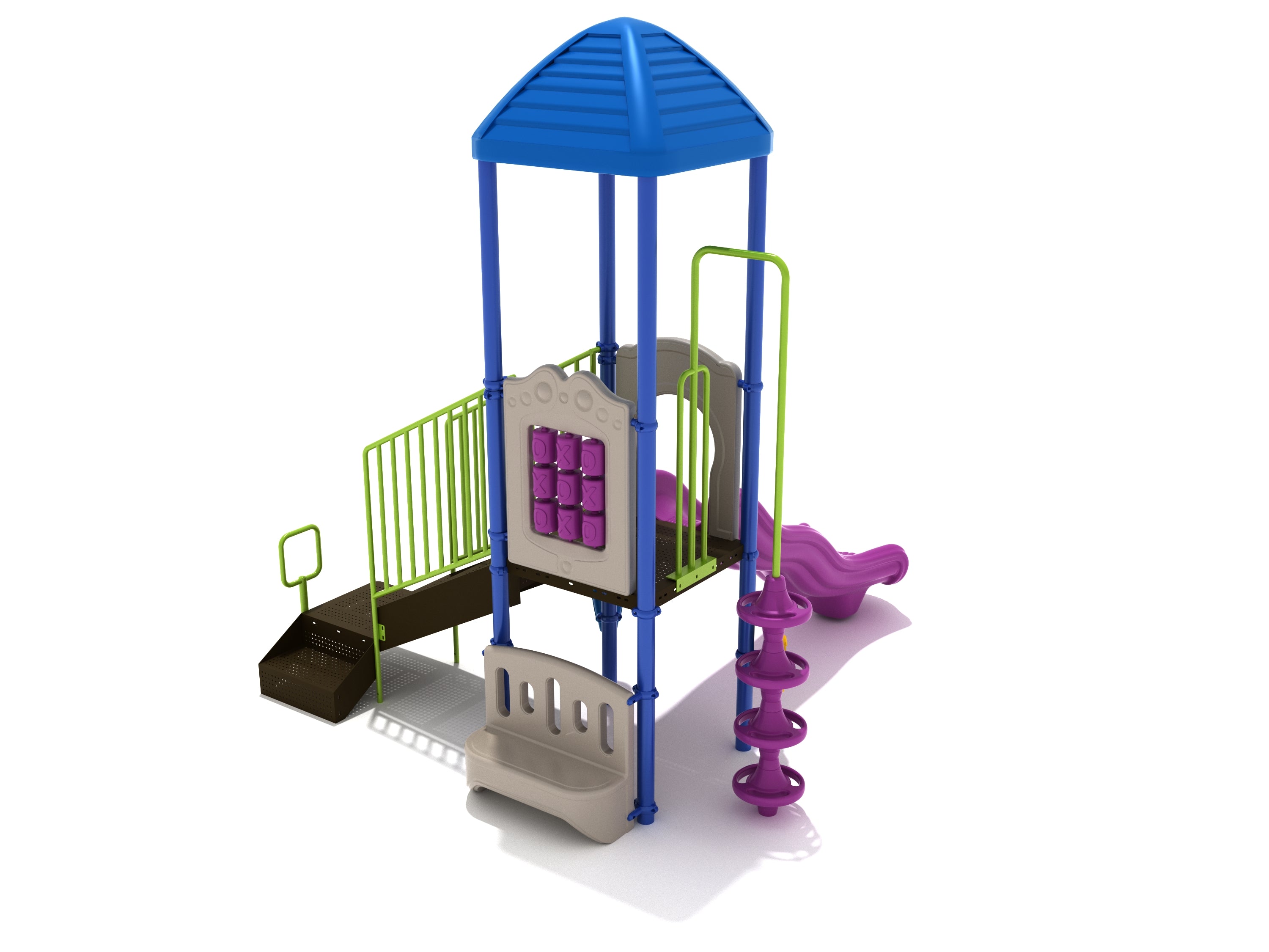 Compact playground structure with blue roof, purple wave slide, tic-tac-toe panel, green railings, and beige bench