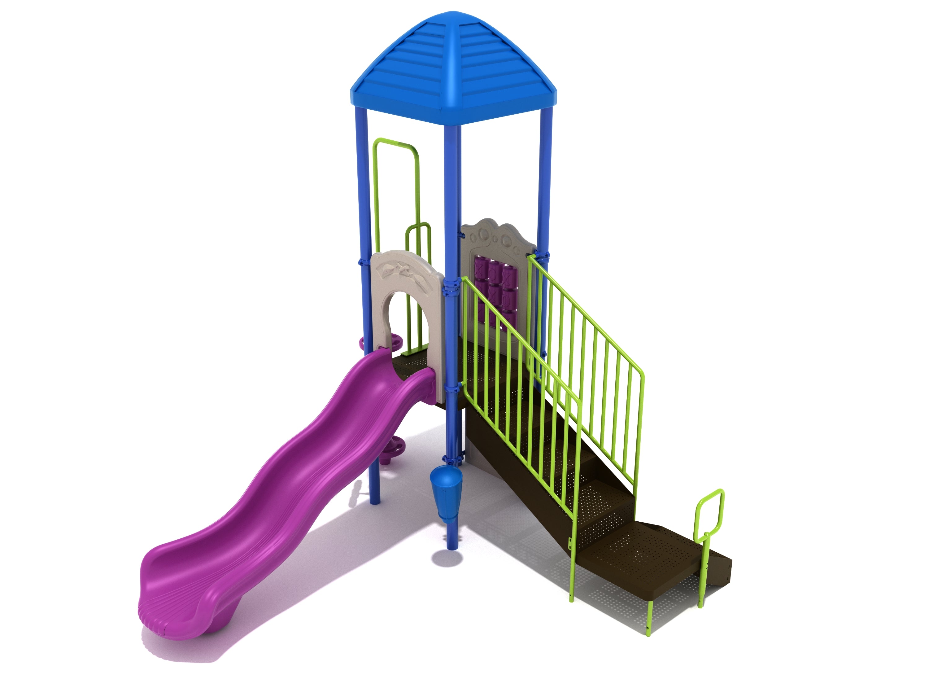 Compact playground with blue roof, purple wave slide, lime green railings, and interactive tic-tac-toe panel