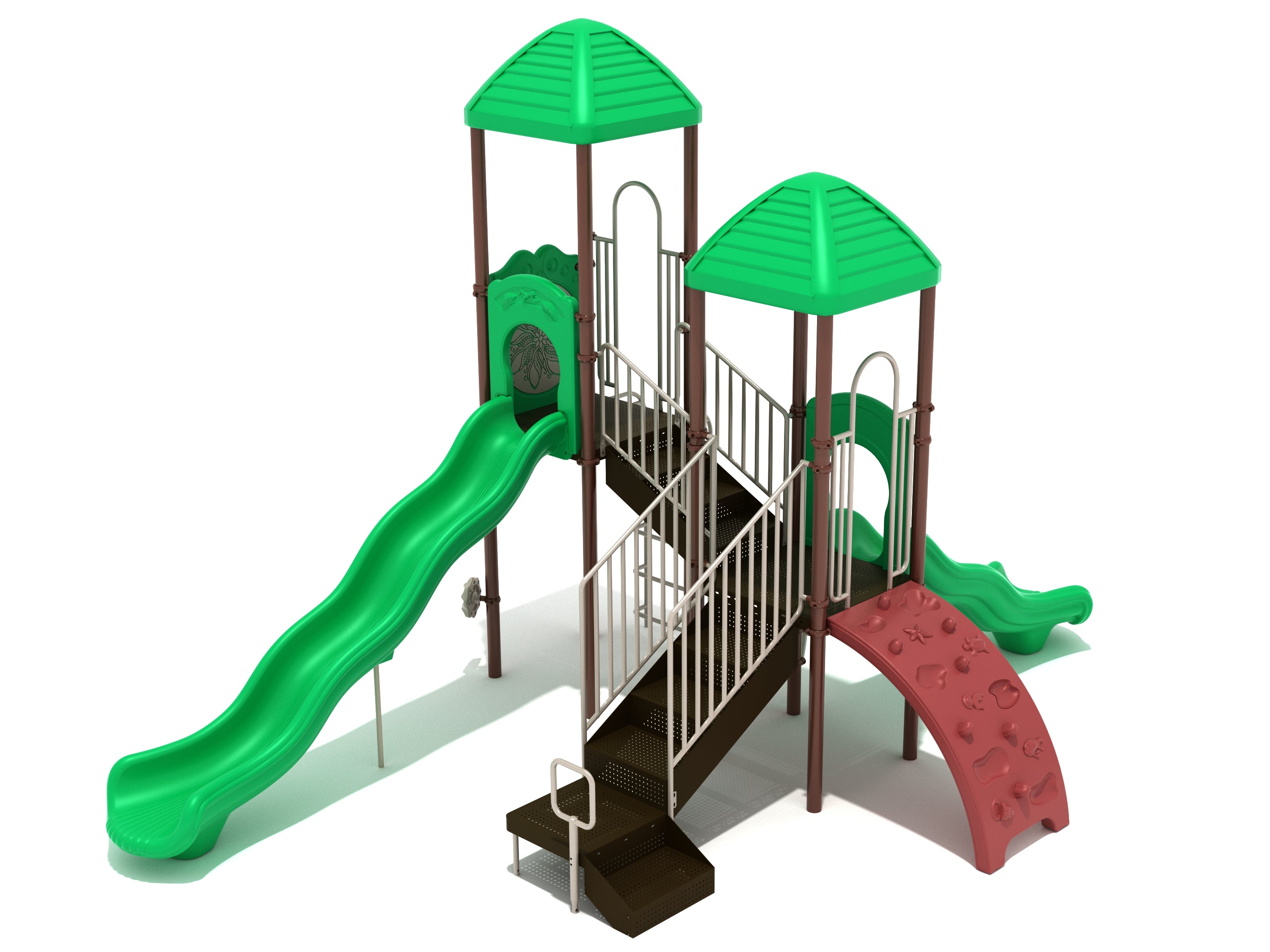 Burbank Playground with two green slides, red climbing wall featuring ocean molds, brown stairs, green roofs, and a maze panel on the top deck