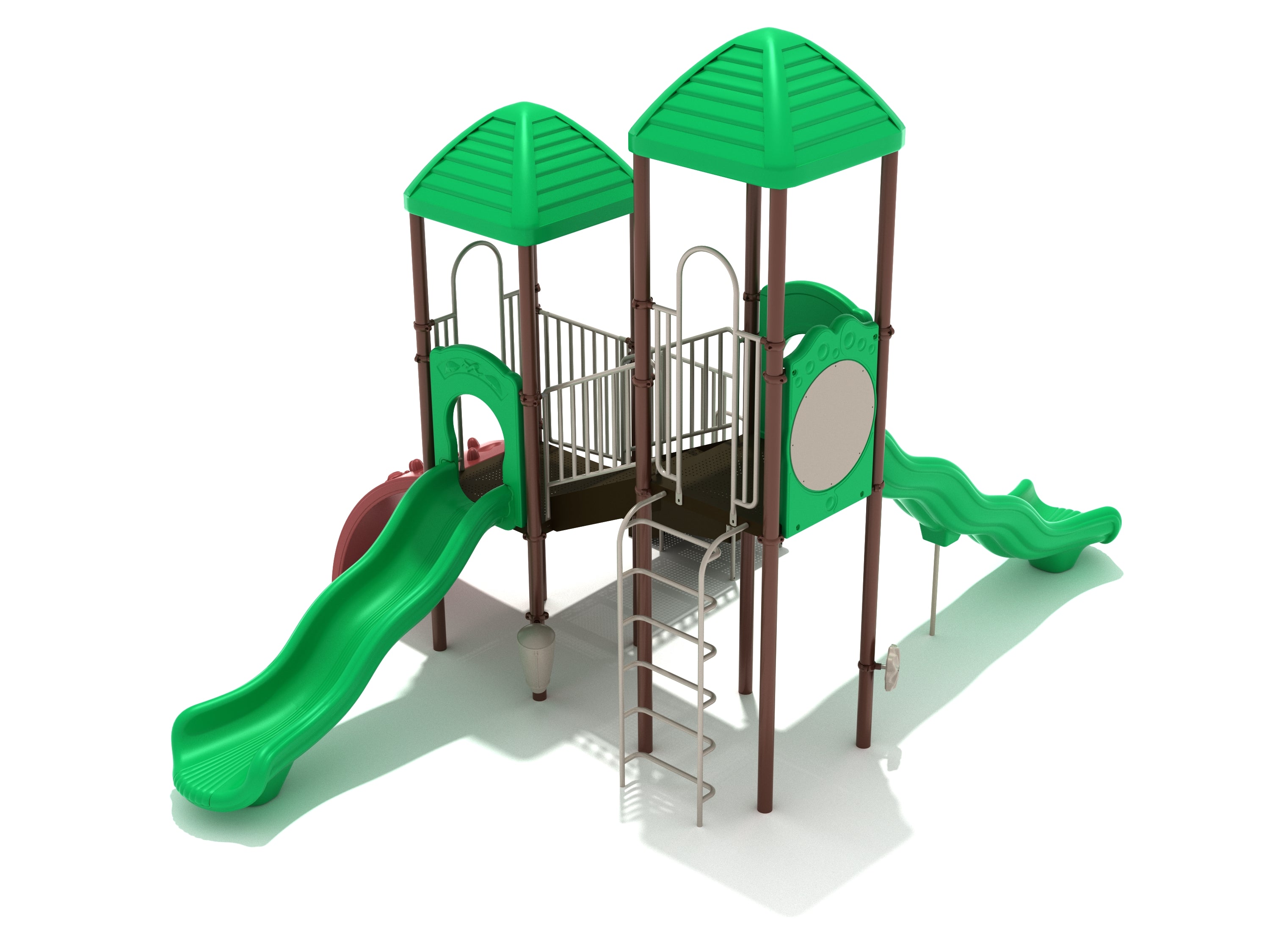 Elevated playground structure with two green slides, green roofs, vertical climber, sea creature ladder, and interactive panels including a maze and musical instruments.