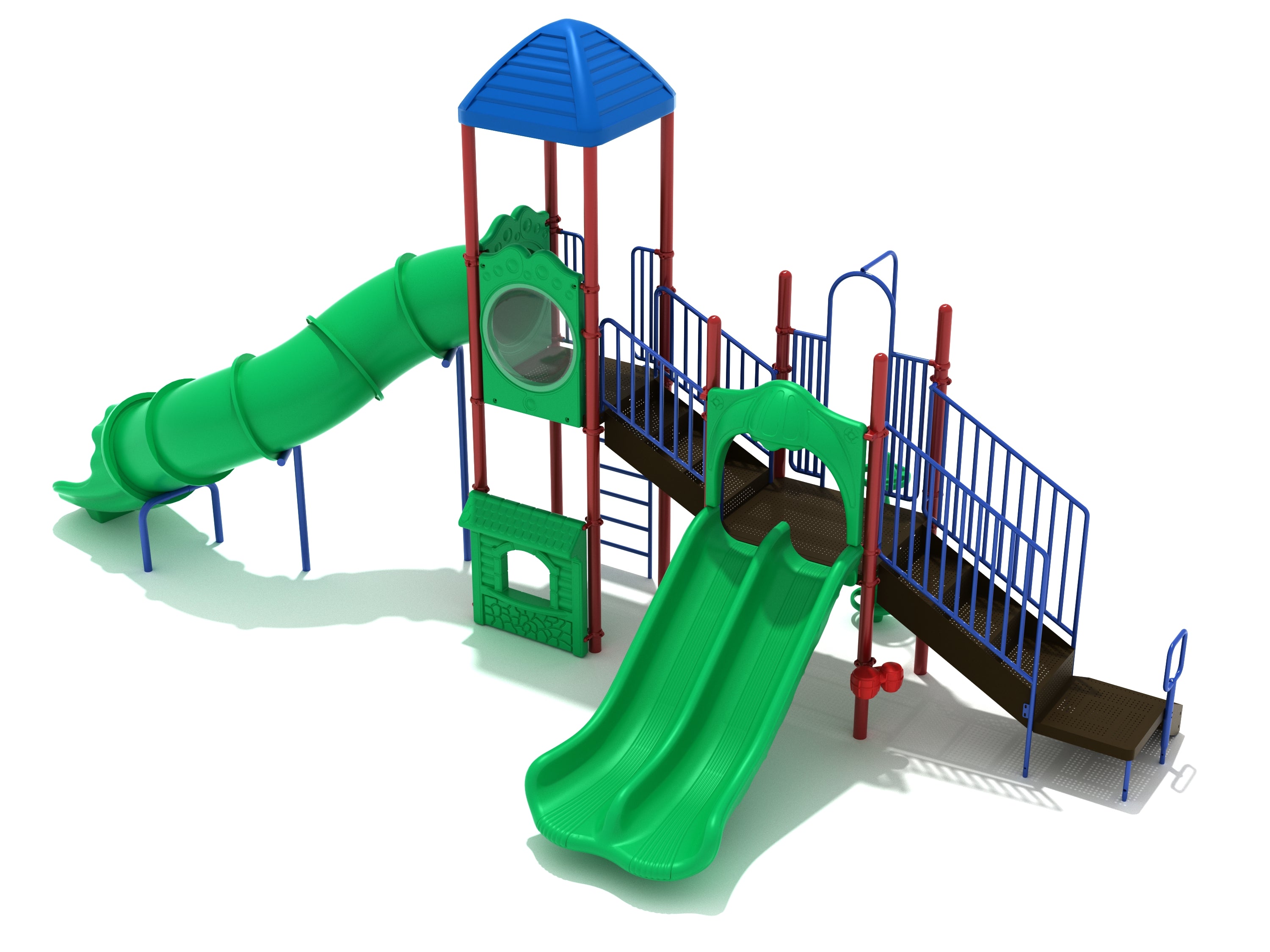 Colorful playground structure with double green slide, curved tube slide, stairs, climbing ladder, and interactive panels