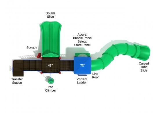 Overhead view of green playground structure with double slide, curved tube slide, vertical ladder, pod climber, bongos, and interactive panels