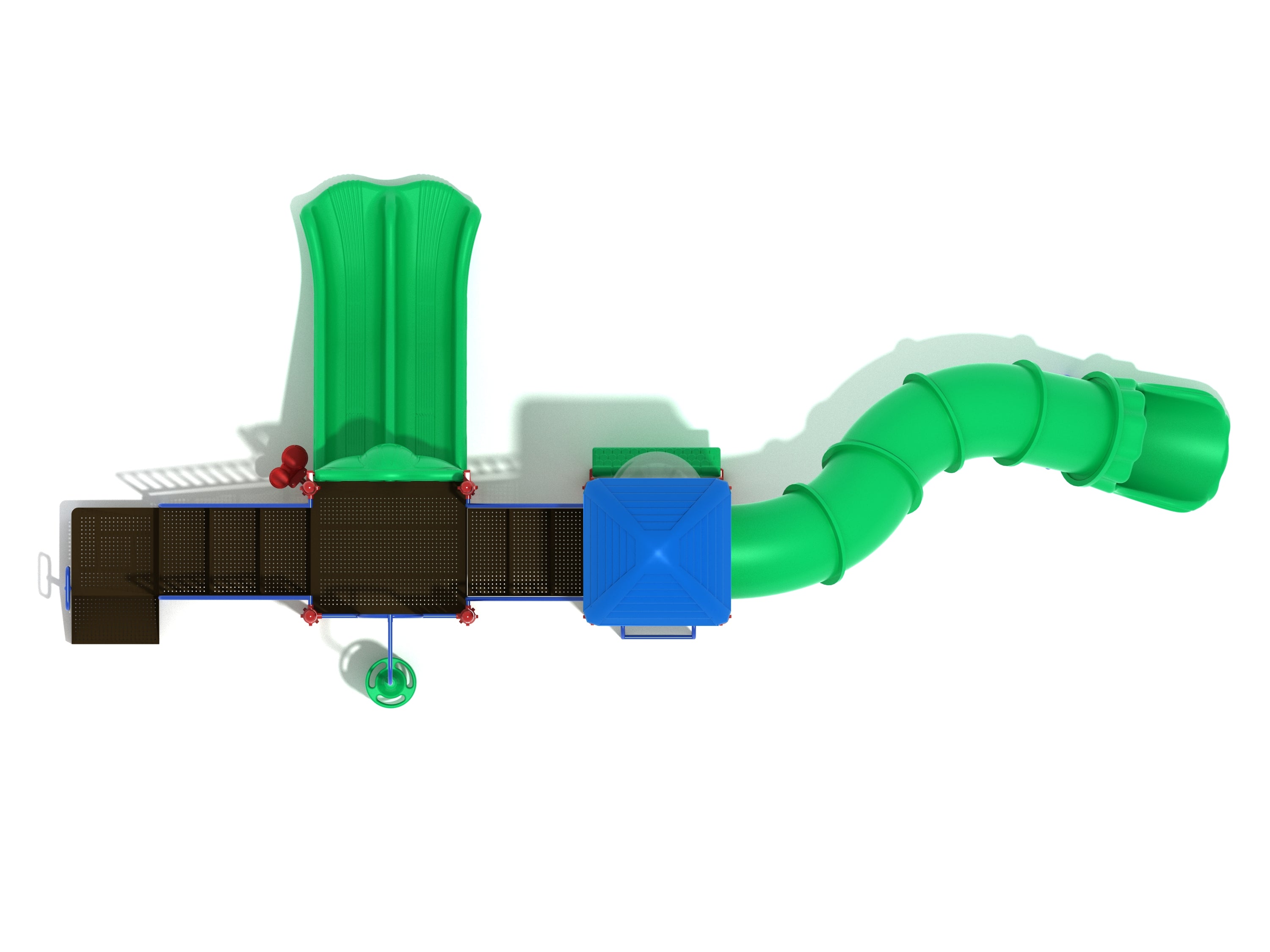 Overhead view of a large playground structure with green double and curved tube slides, blue roof, climbing elements, and interactive panels
