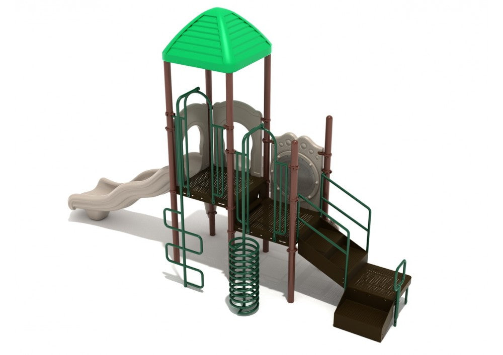 Egg Harbor Playground with green canopy, brown and green structure featuring wavy slide, spiral and ladder climbers, ramp, and activity panel