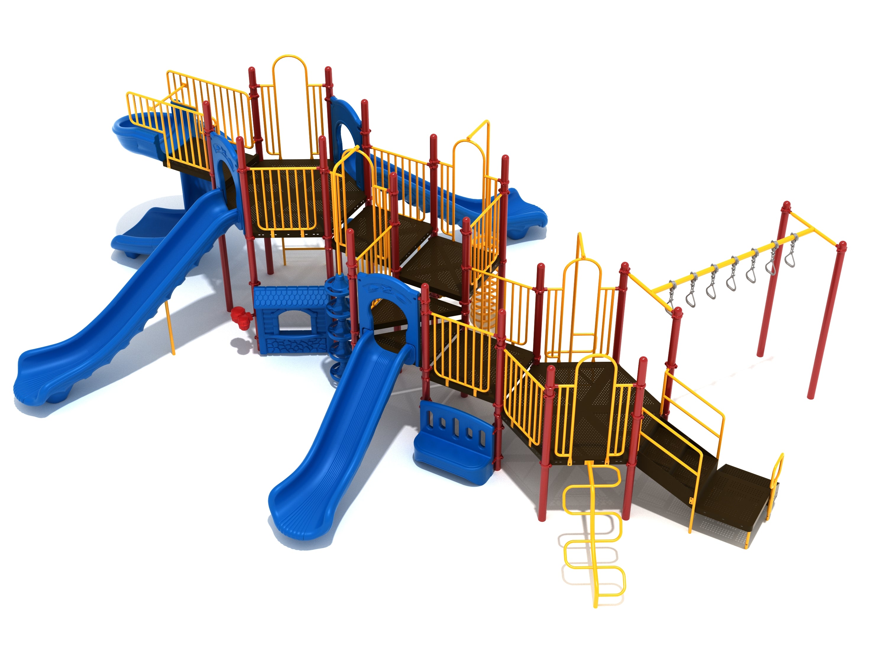 Broken Arrow Playground large play system with blue and yellow climbers, multiple slides, monkey bars, and spacious play hubs