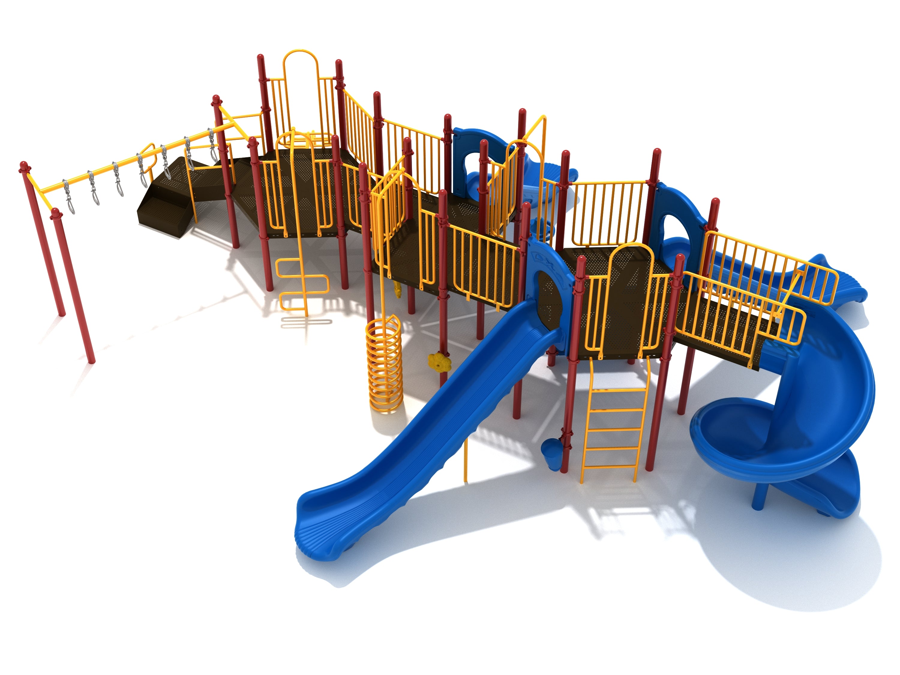 Large playground structure with blue straight and spiral slides, yellow railings, red posts, multiple climbers, and overhead rings