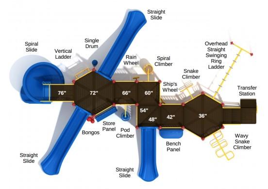 Overhead view of a large playground structure with multiple slides, climbers, panels, and a swinging ring ladder