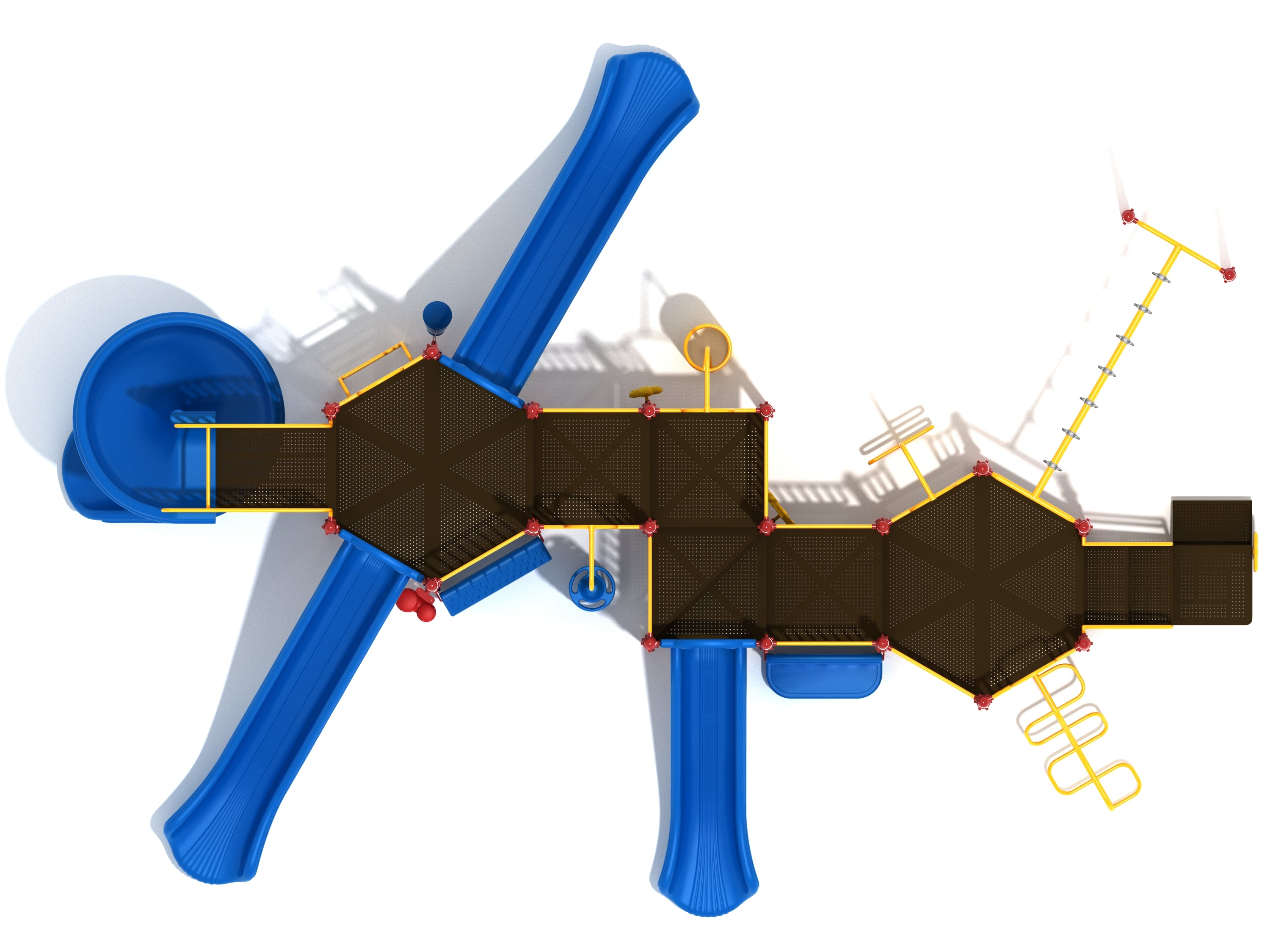 Overhead view of a large playground structure with blue slides, yellow climbers, platforms, and multiple play zones