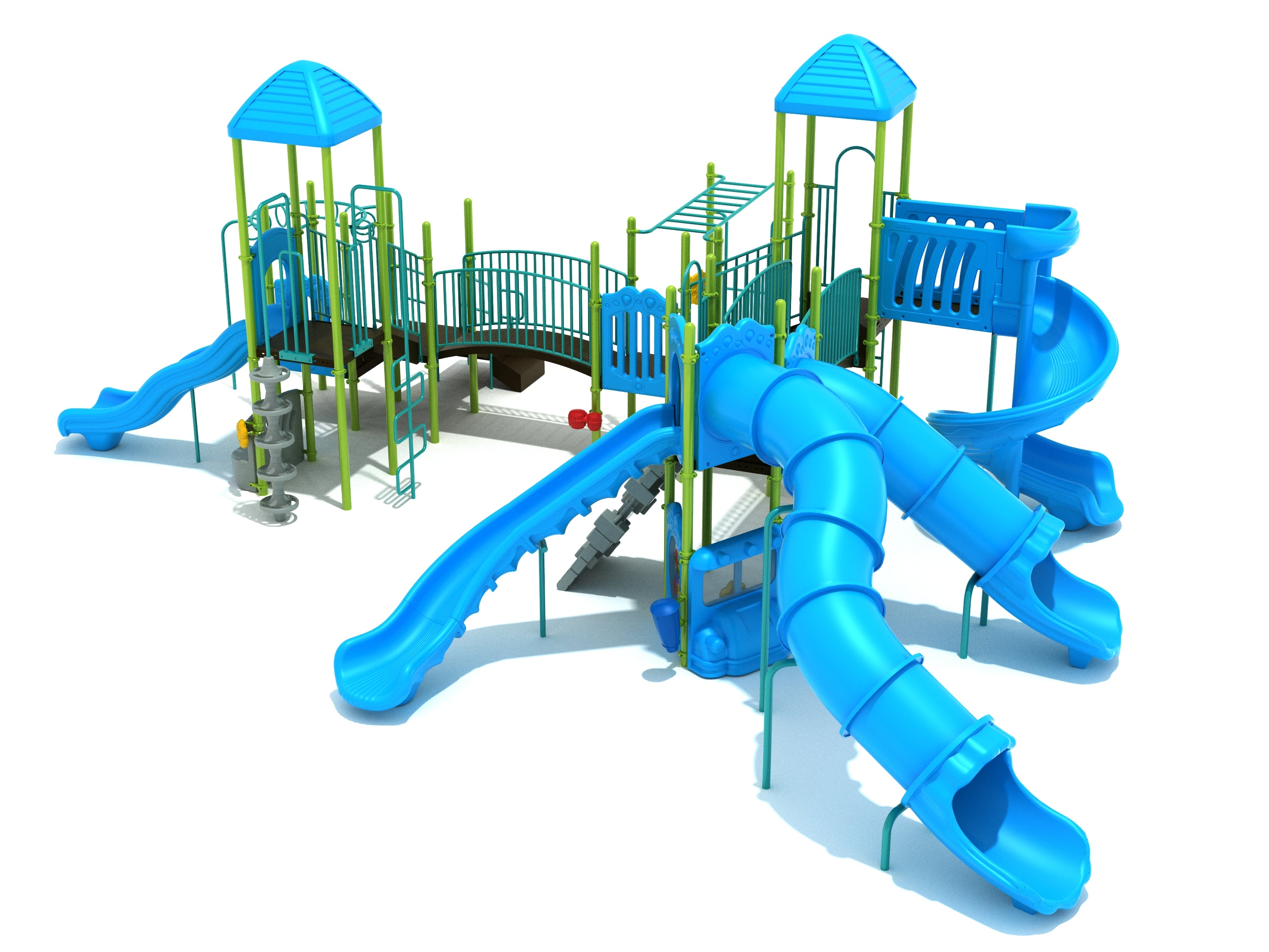 Large blue and green playground structure with multiple slides, climbing ladders, and overhead bars for active play