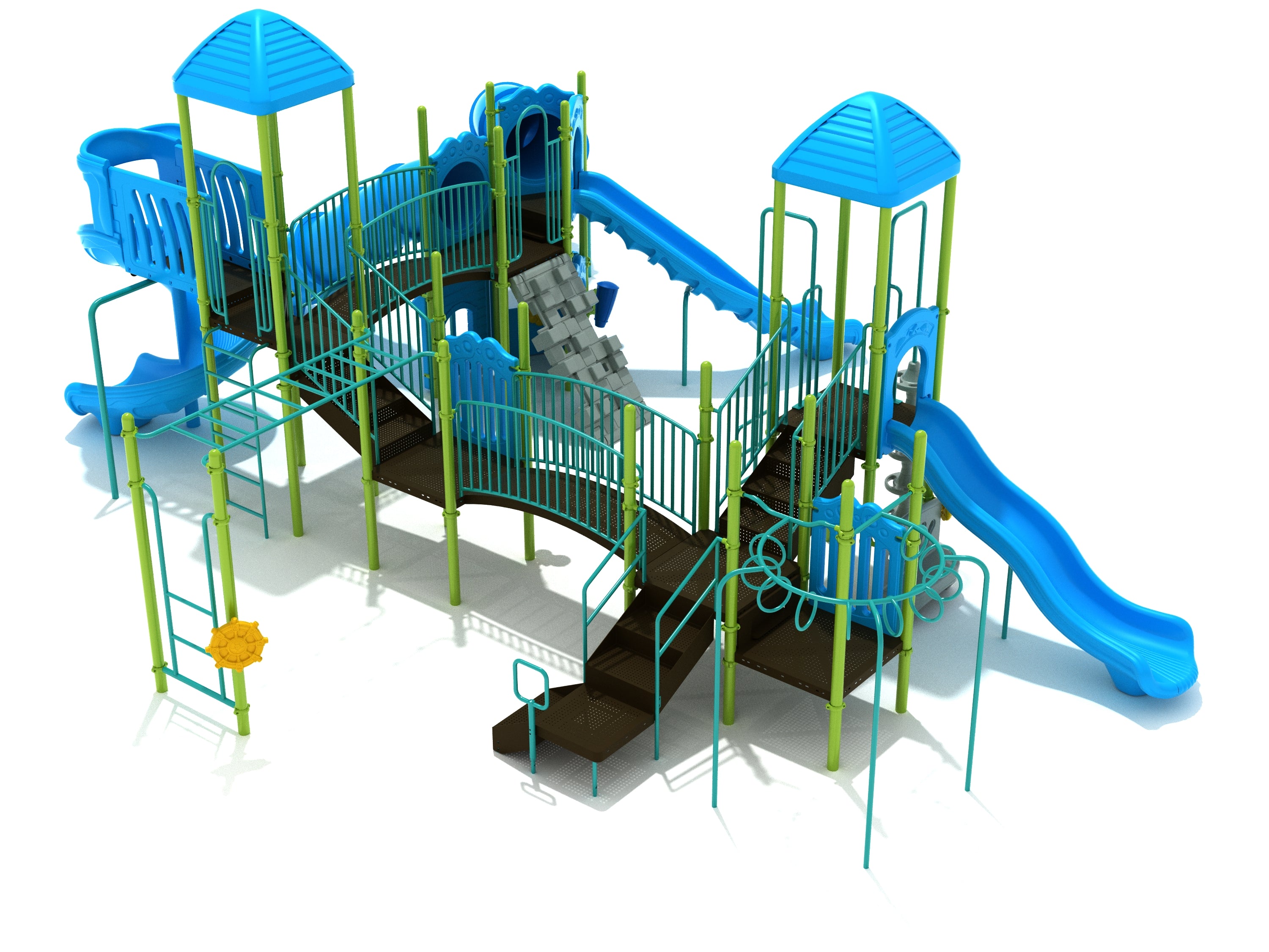 Large blue and green playground structure with multiple slides, climbing ladders, platforms, and overhead climbing rings.
